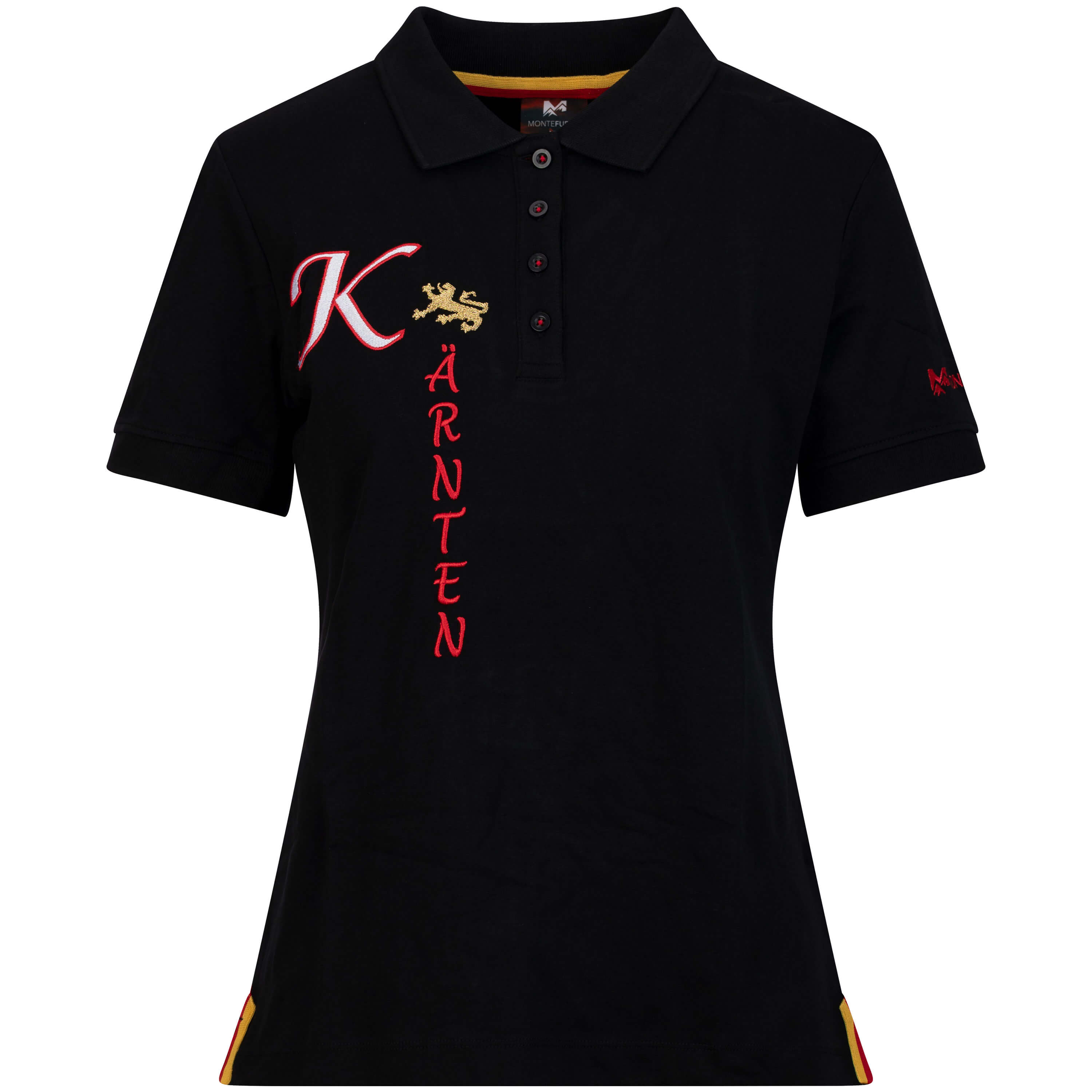 Vorderansicht des Damen Polo "Kärnten", mit kurzem Arm, in der Farbe Schwarz, mit Kärnten Schriftzug vorne Damen Polo "Kärnten, Kurzarm, Schwarz, Vorne
