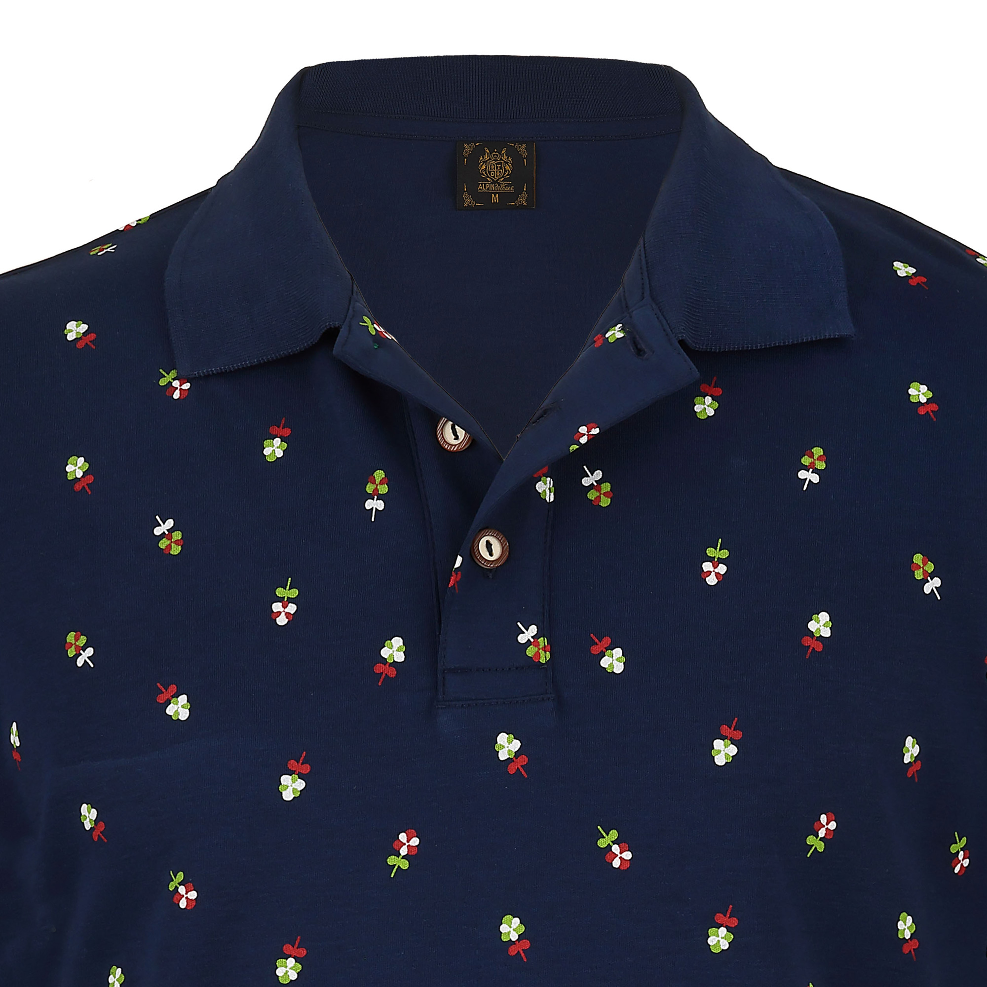 Detailansicht vom Kragen des Herren Blümchen-Druck Polo "Kärnten" in der Farbe Blau