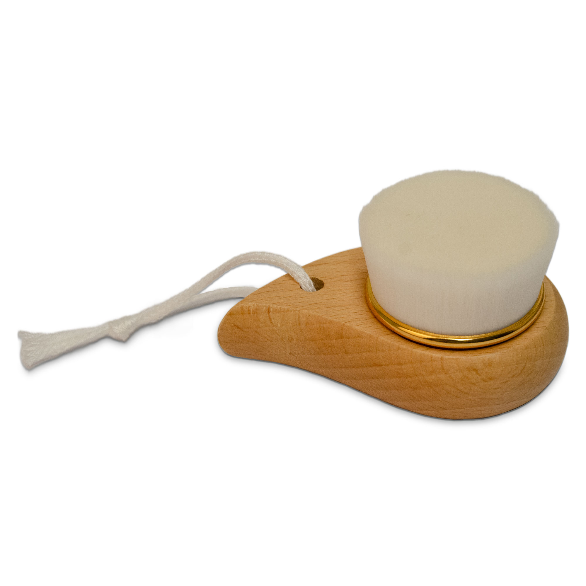 Seitenansicht der Gesichtswaschbürste mit weichen Borsten und einer Buchenholzhalterung