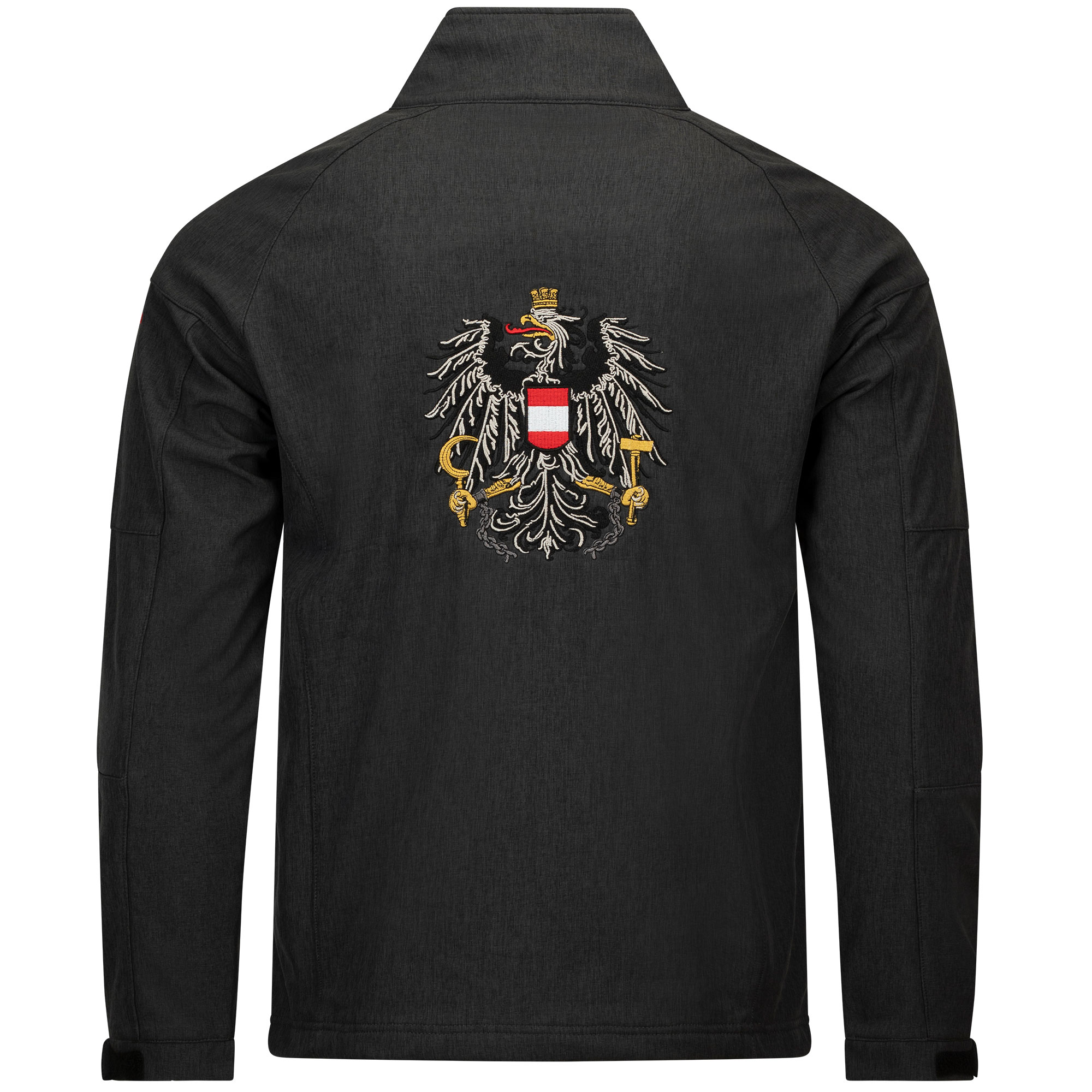 Rückansicht der Softshelljacke "Österreich", in der Farbe Anthrazit