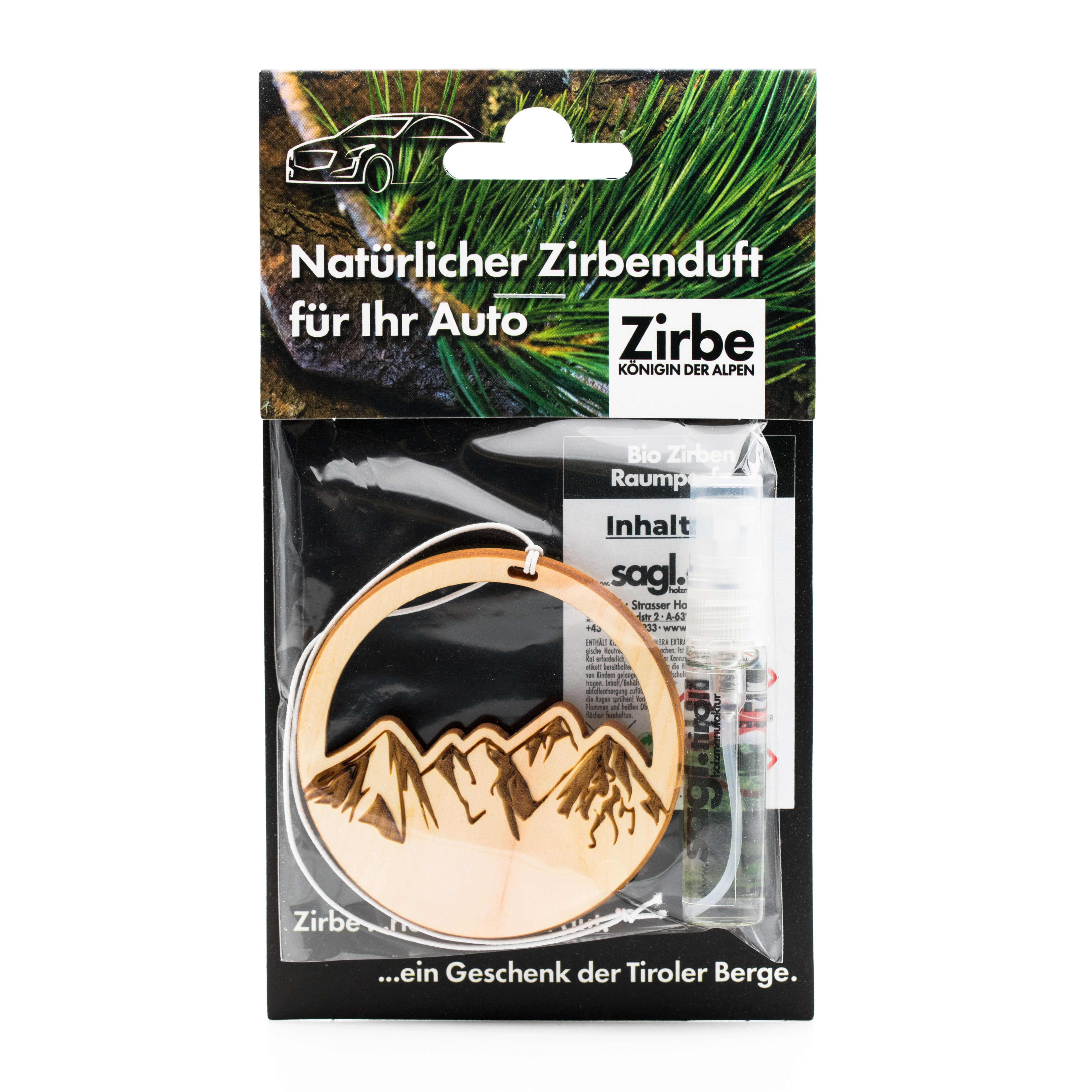 Vorderansicht des Autodufts aus Zirbe "Berglandschaft"