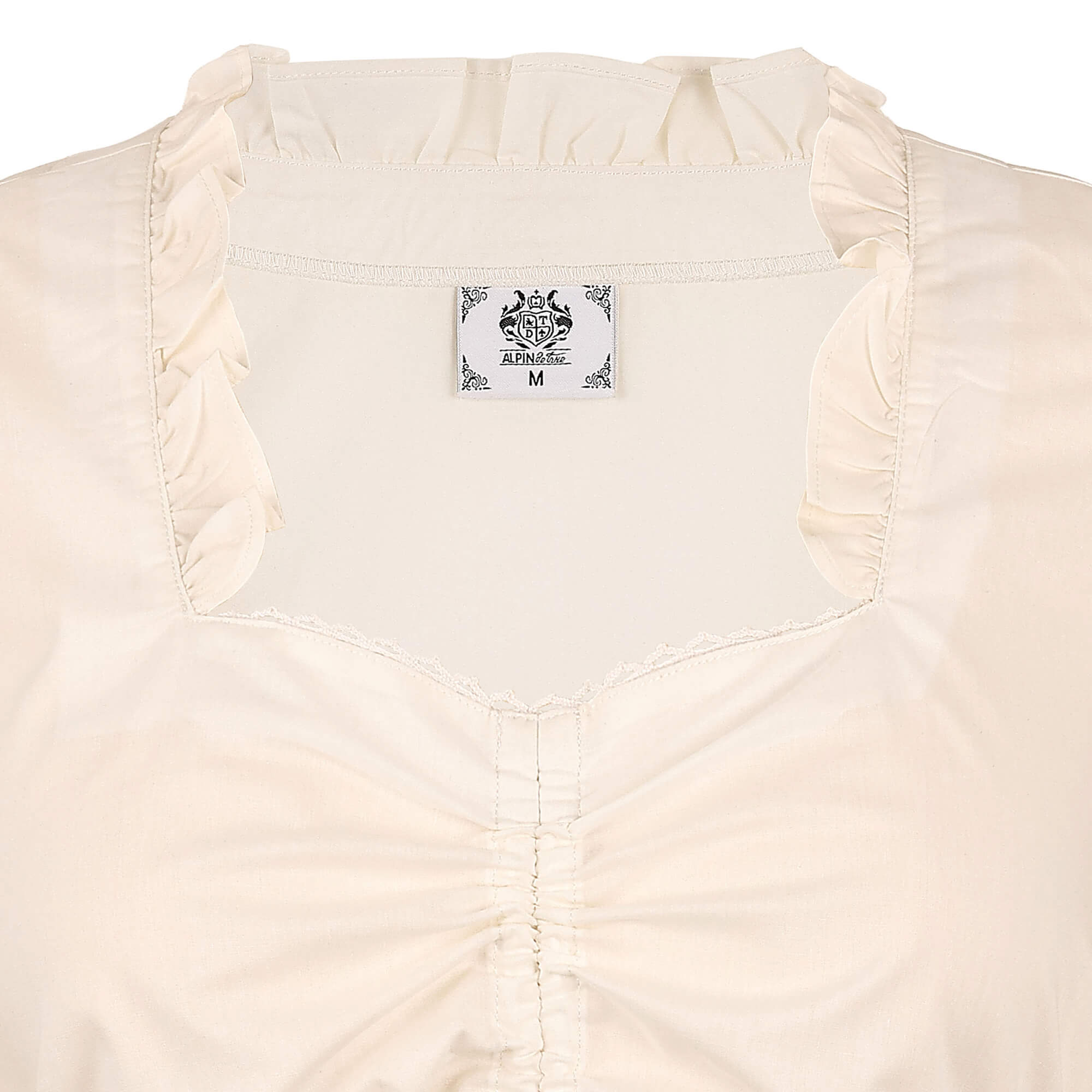 Detailansicht vom Herz-Ausschnitt der Damen Dirndlbluse "Alina" in der Farbe Skin