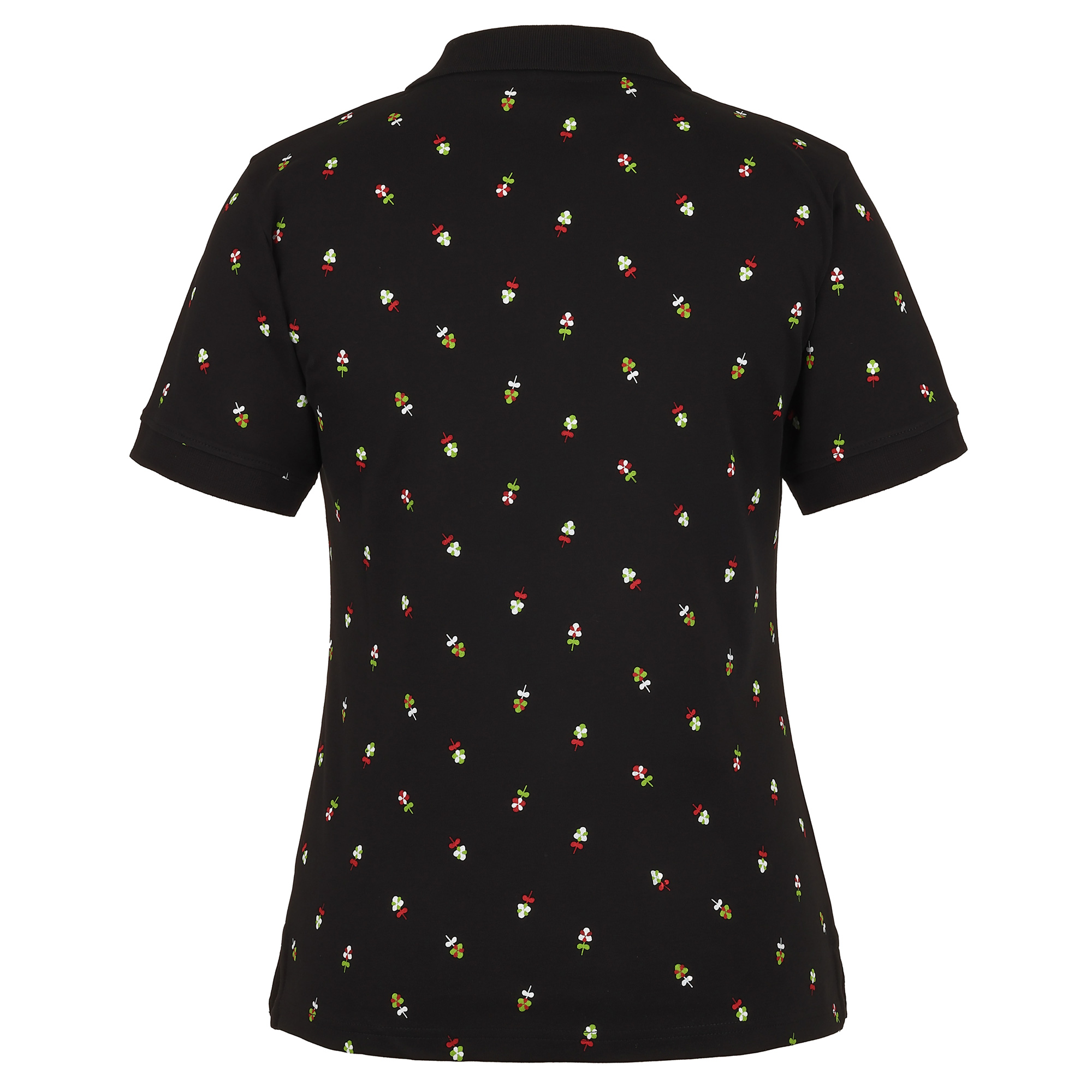 Hinteransicht des Damen Blümchen-Druck Polo "Kärnten" in Schwarz