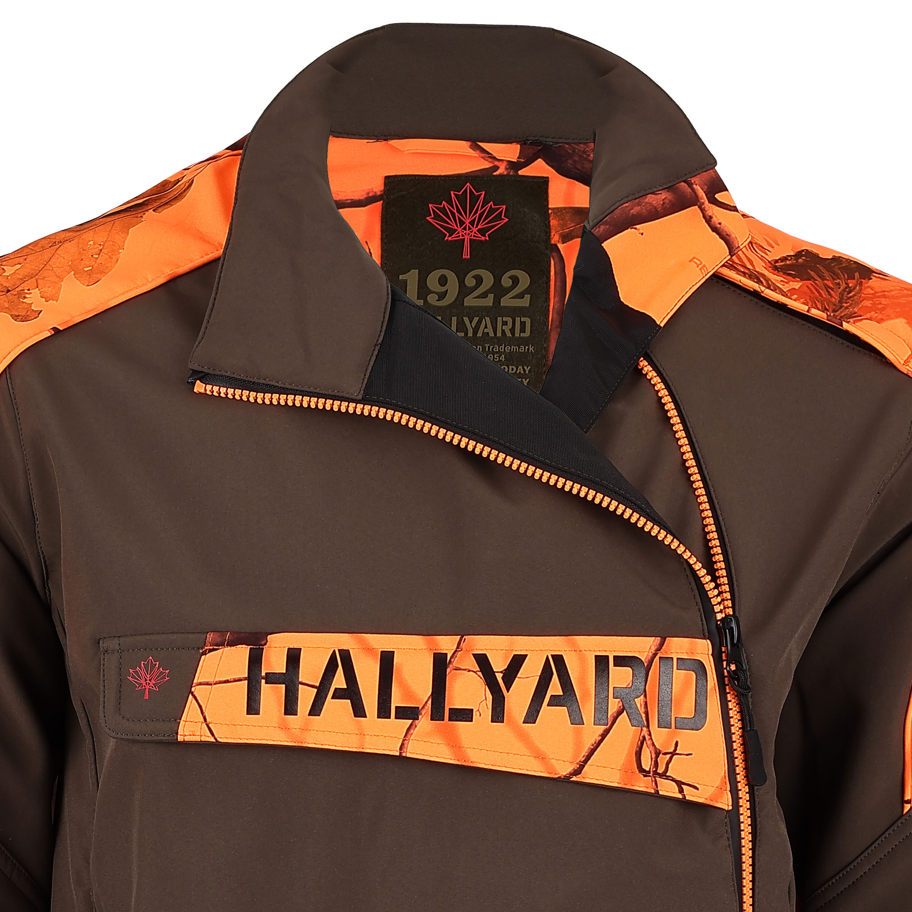 Detailansicht vom Kragen der Herren Jagdjacke in der Farbe Braun-Orange