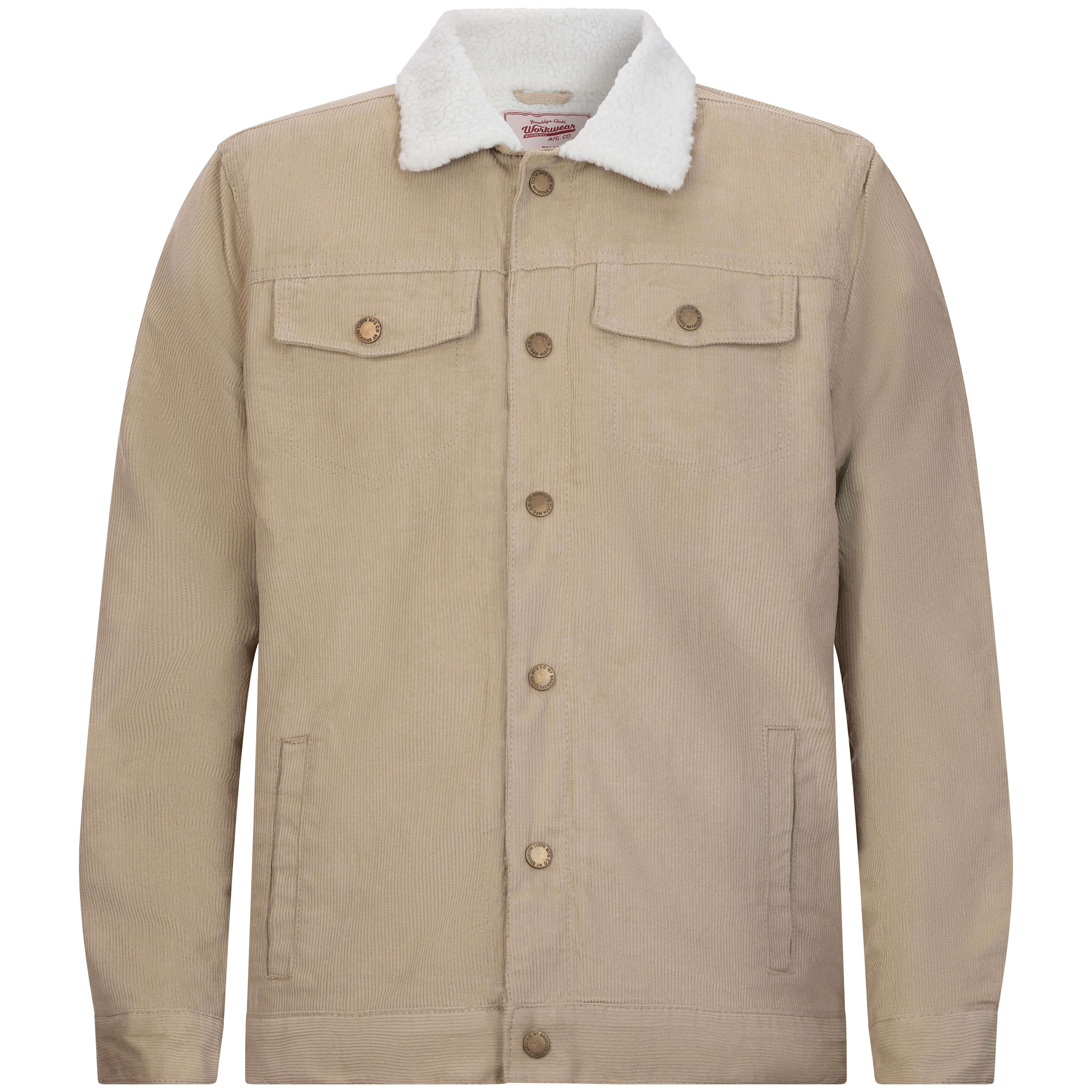 Vorderansicht der Herren Cordjacke mit weißem Teddyfutter in der Farbe Khaki
