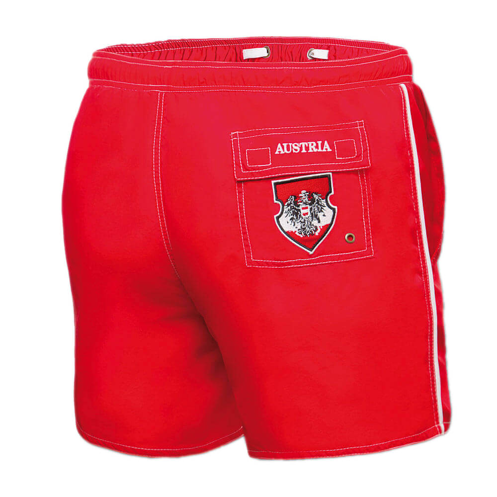 Hinteransicht der Herren Badehose "Austria" in der Farbe Rot