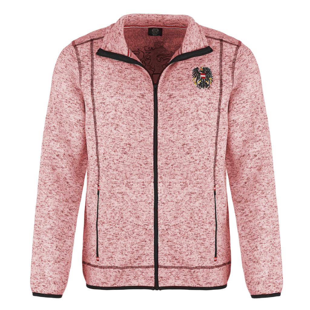 Vorderansicht der Kinder Strickfleecejacke "Österreich", in der Farbe Rosa