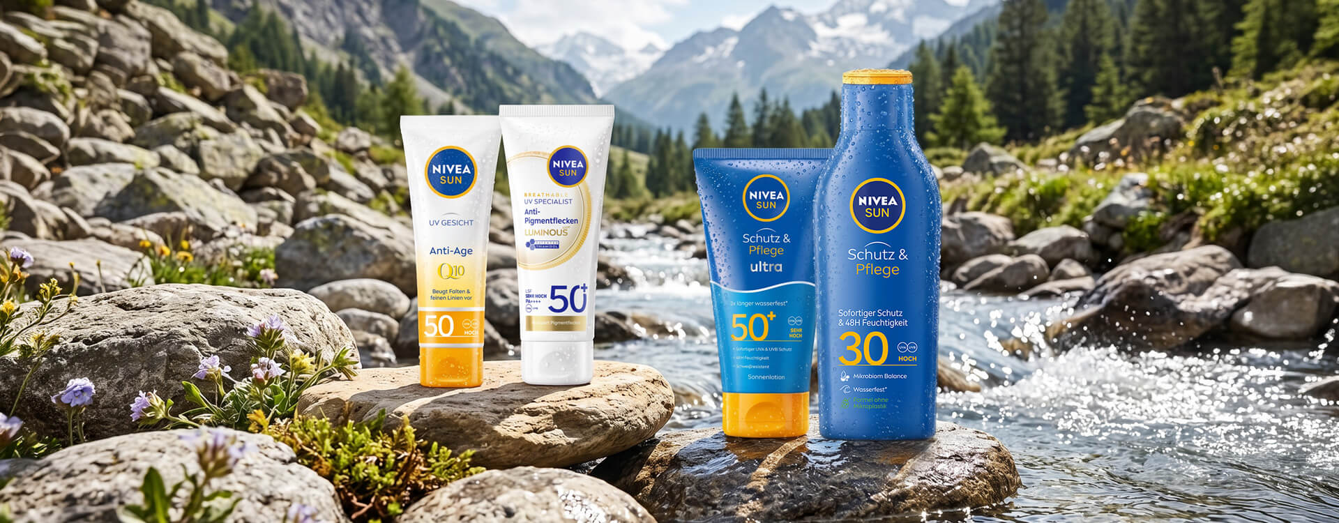 Verschiedene Nivea Sun Sonnenschutz Produkte mit Bergbach Hintergrund