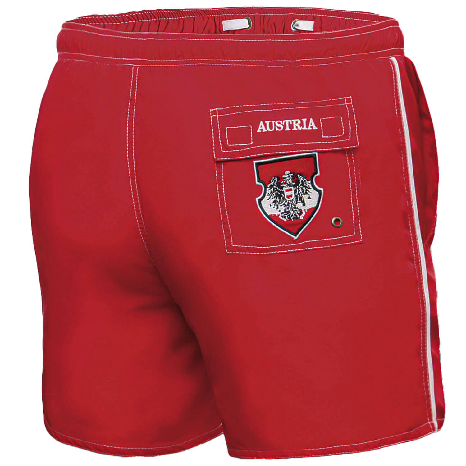 Hinteransicht der Kinder Badehose "Austria", in der Farbe Rot