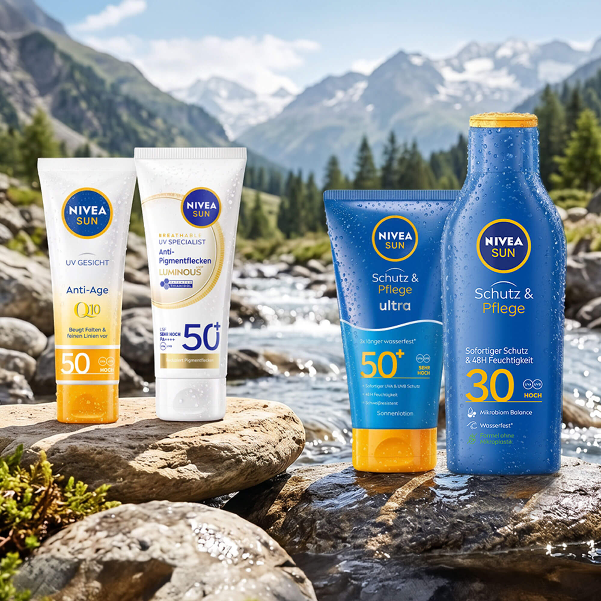 Verschiedene Nivea Sun Sonnenschutz Produkte mit Bergbach Hintergrund