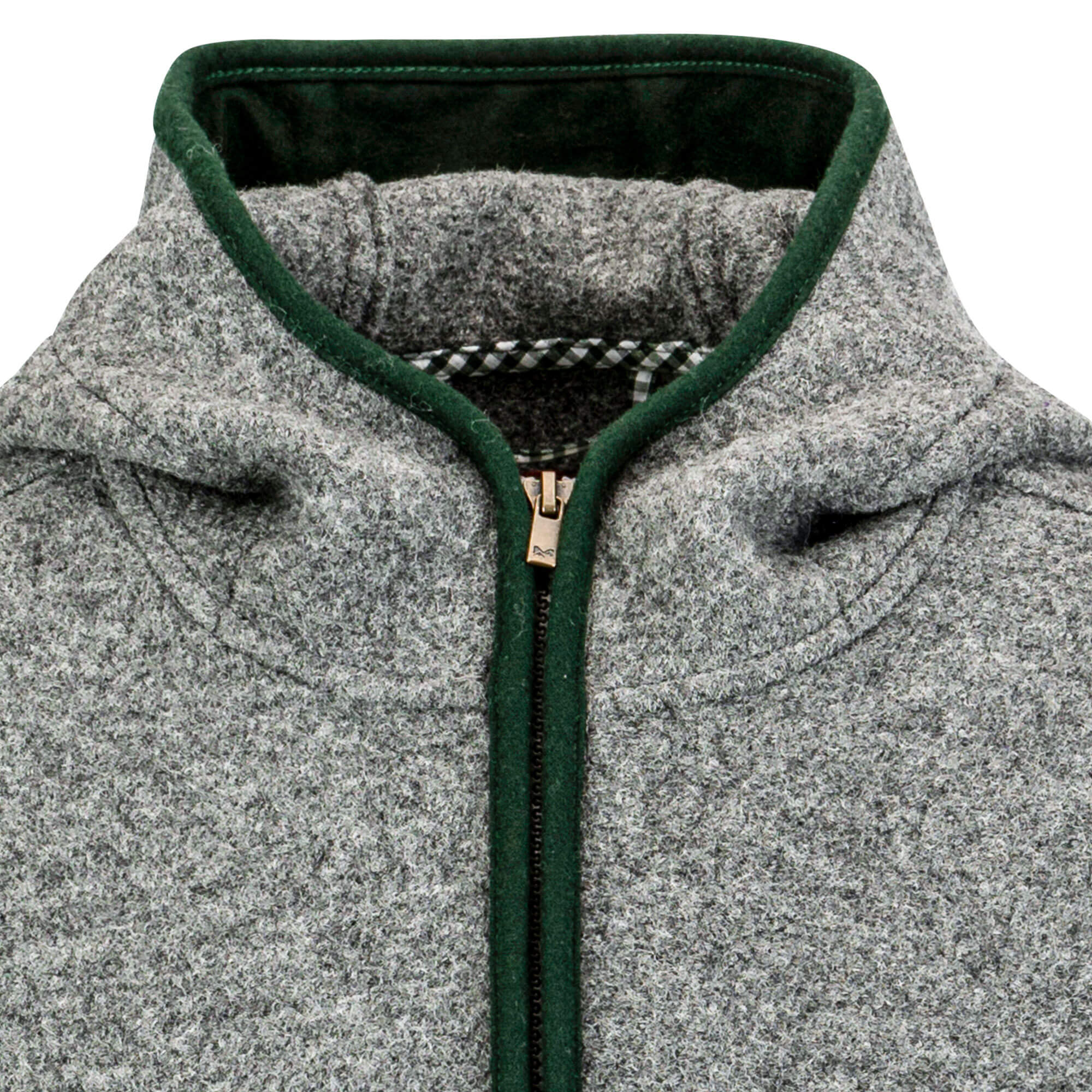 Detailansicht der Damen Wolljacke mit Kapuze, in der Farbe Grau mit grünen Akzenten
