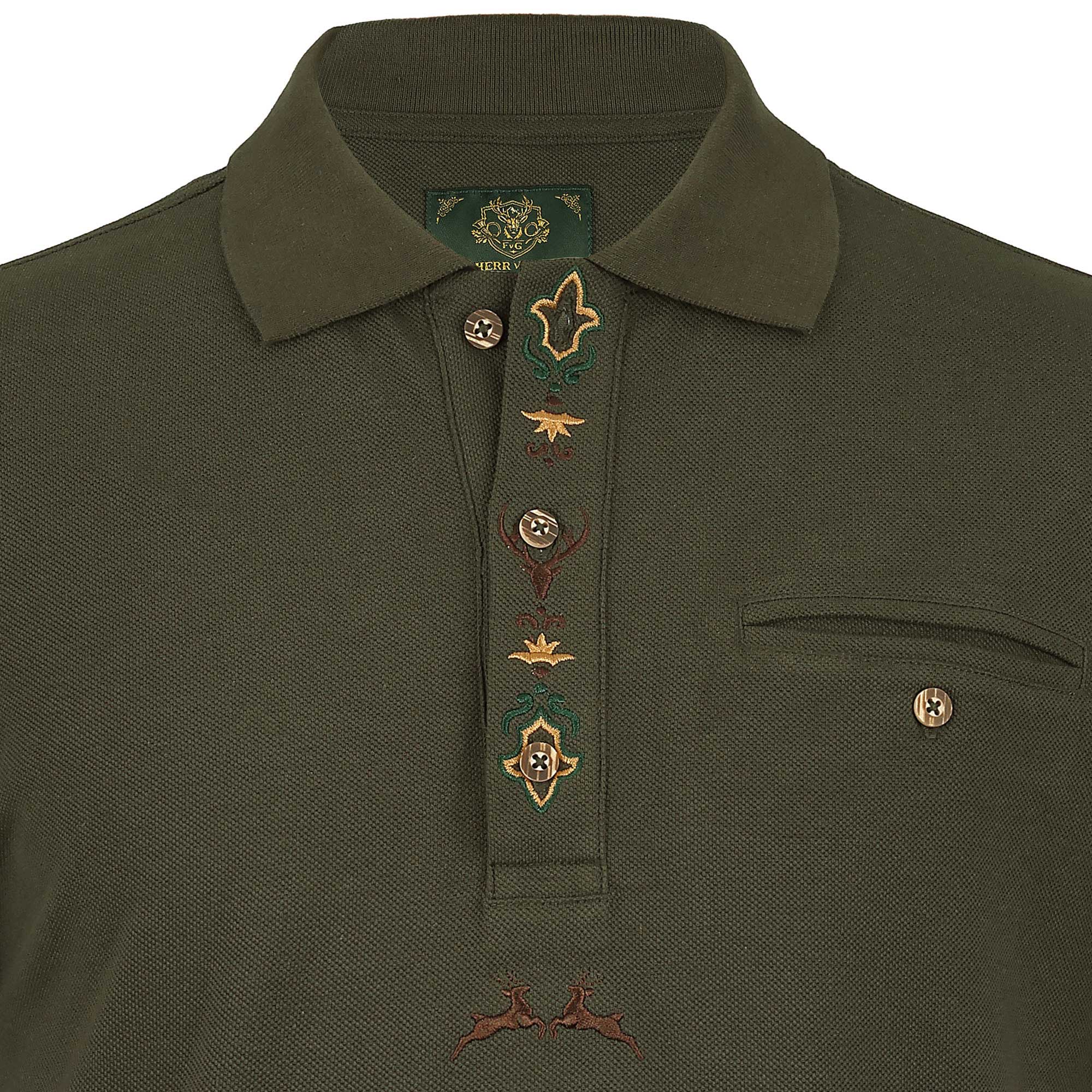 Detailansicht vom Kragen mit Knöpfe des Herren Poloshirts "Hunt" in Braun