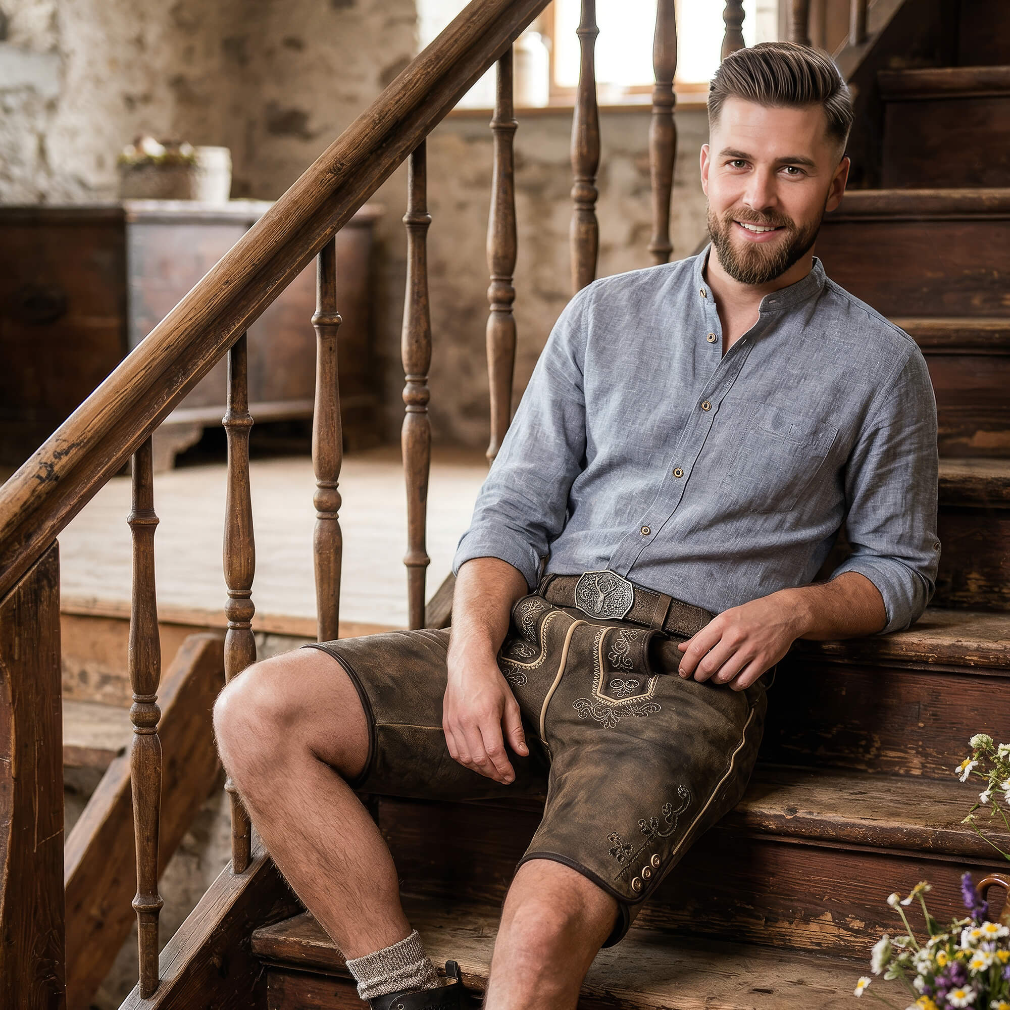 Mann mit Lederhose und Trachtenhemd, auf Stiege sitzend