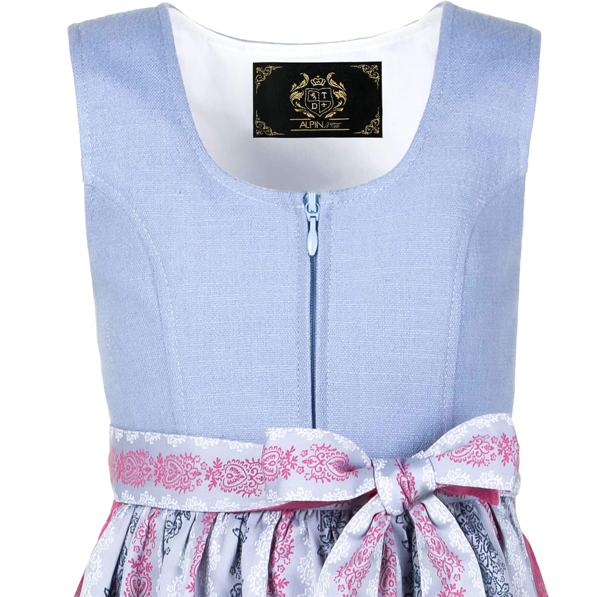 Vorderansicht des Kinder Dirndls "Milli", in der Farbe  Hellblau und Rosa, Detail Oberteil