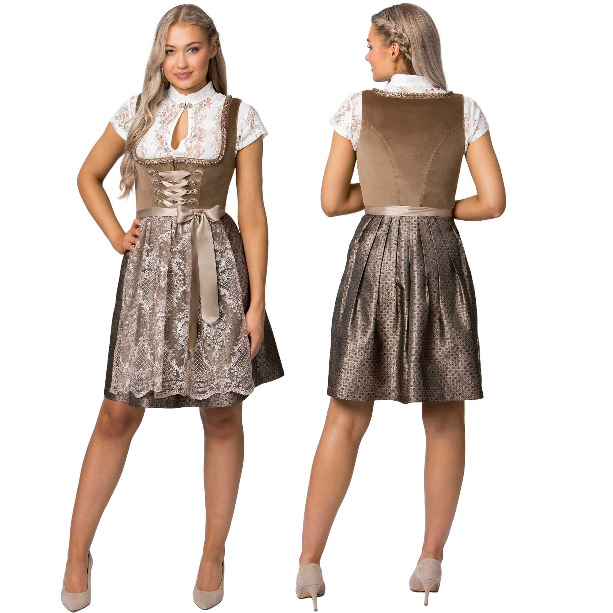 Vorderansicht und Hinteransicht des Damen Dirndl "Loredana" in der Farbe Taupe getragen von einem Model