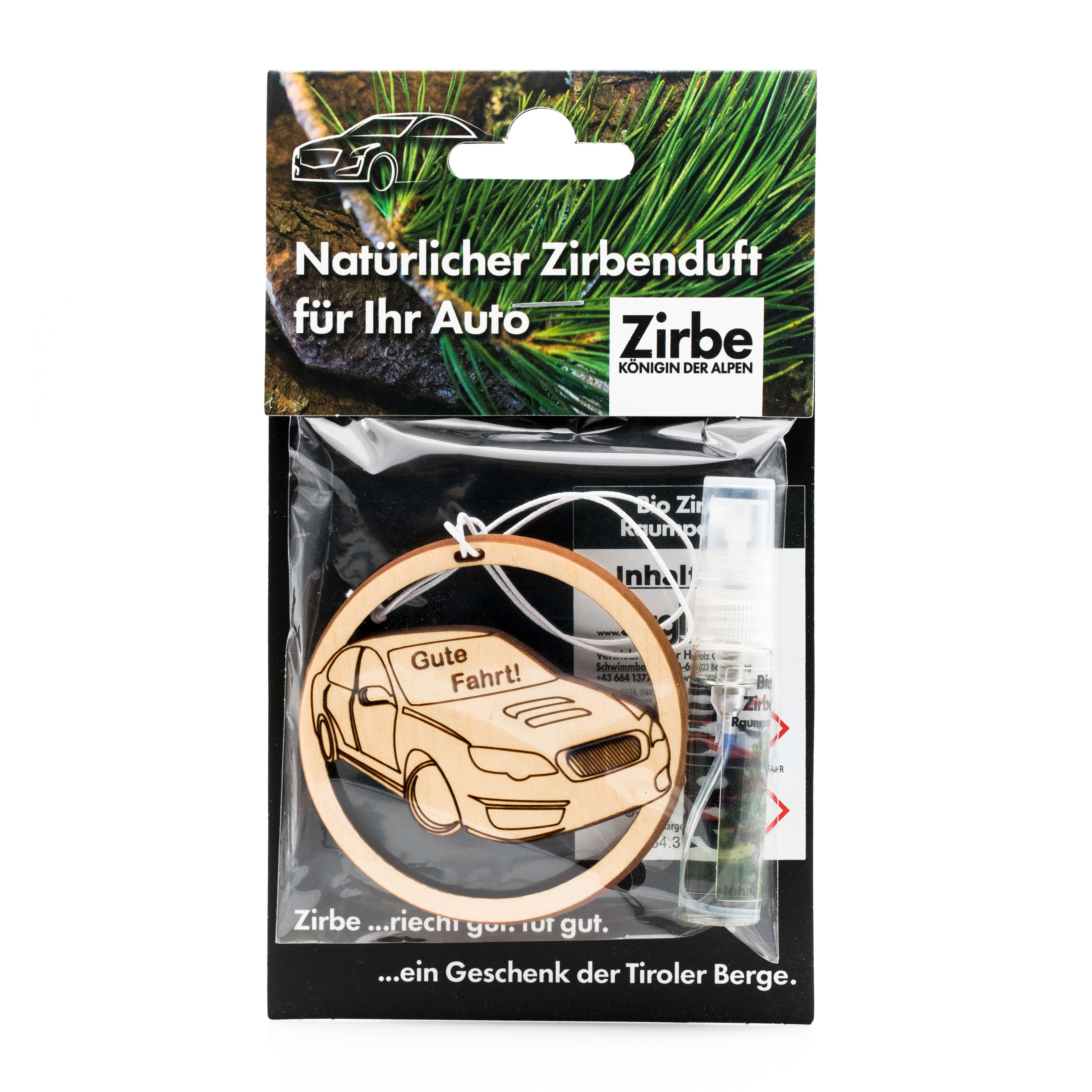 Vorderansicht des Autodufts aus Zirbe "Auto"