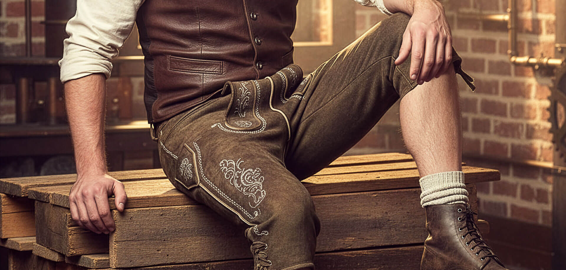Mann sitzend, mit brauner Kniebund Lederhose, Detailansicht