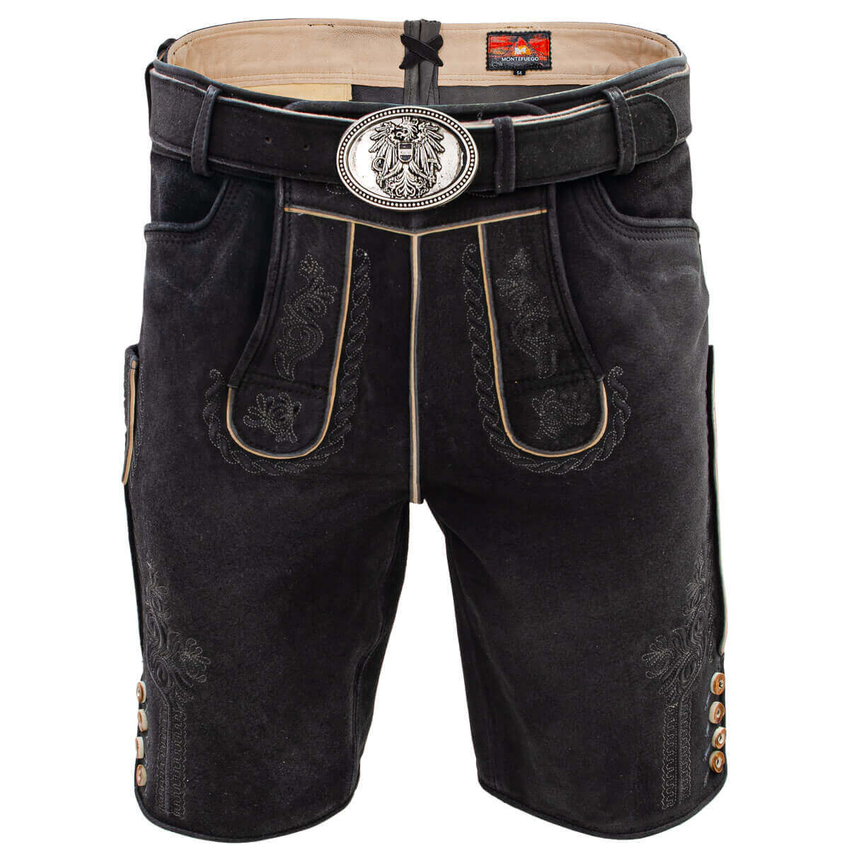 Vorderansicht der Herren Lederhose "Hirschvogel" in der Farbe Schwarz
