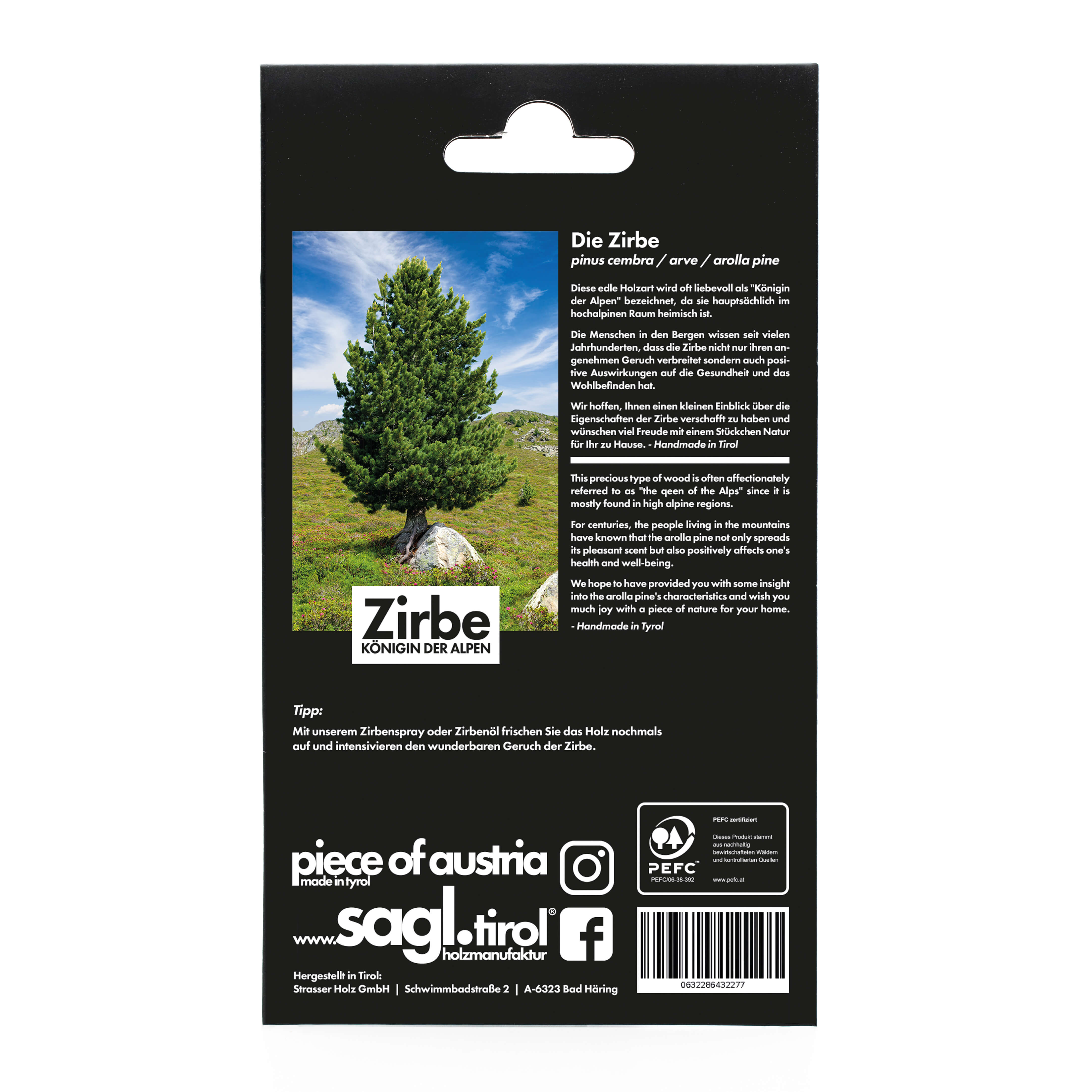 Hinteransicht des Autodufts aus Zirbe