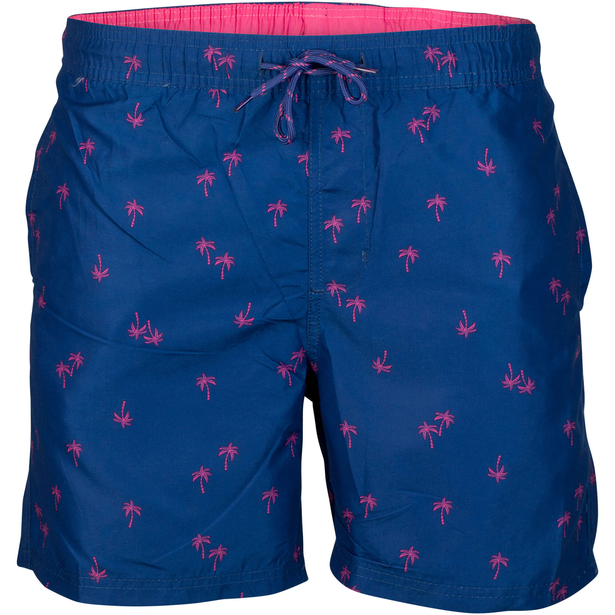 Vorderansicht Badehose Holiday, in der Farbe Blau, mit Palmen bedruckt
