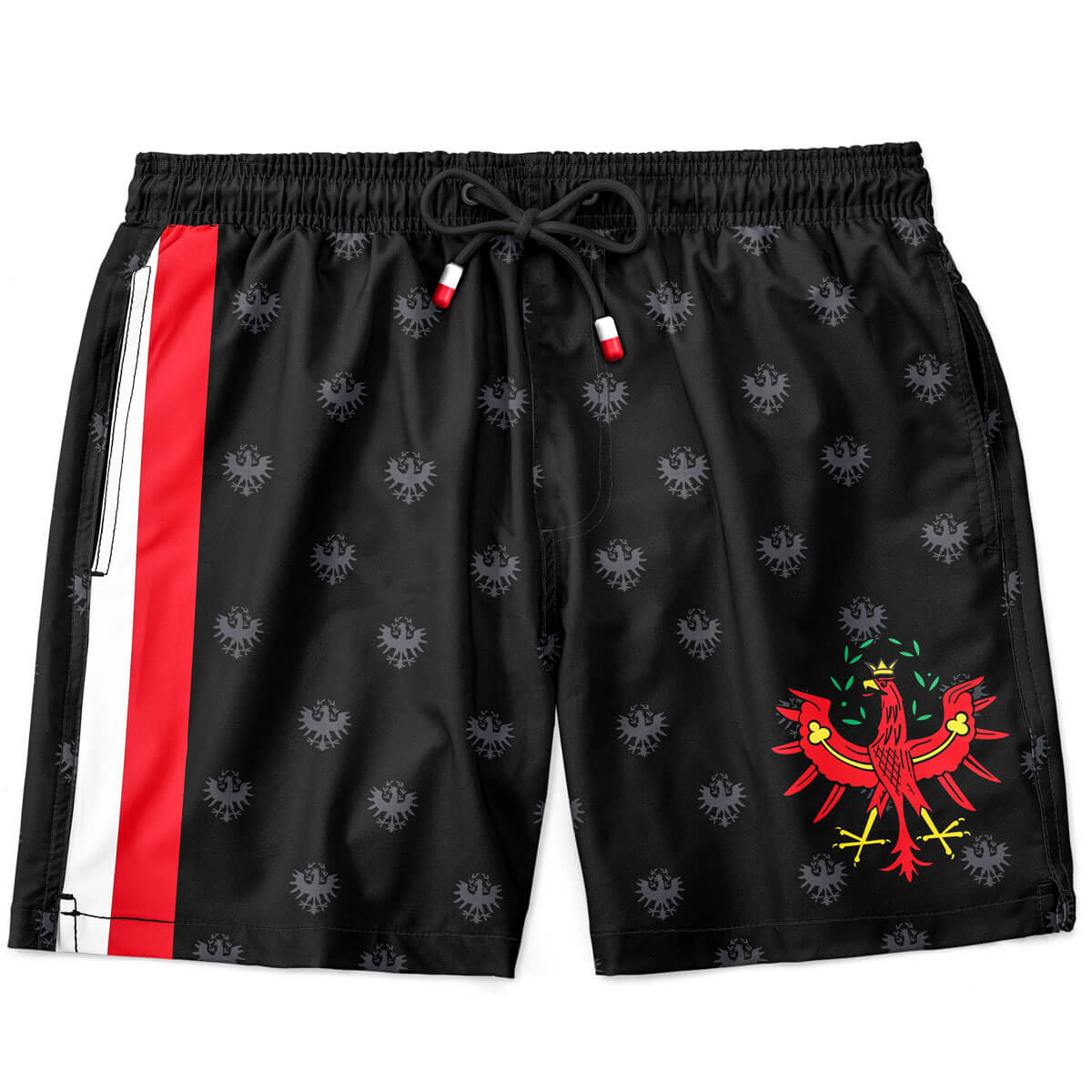 Vorderansicht der Herren Trachten Badehose "Tirol" in der Farbe Schwarz
