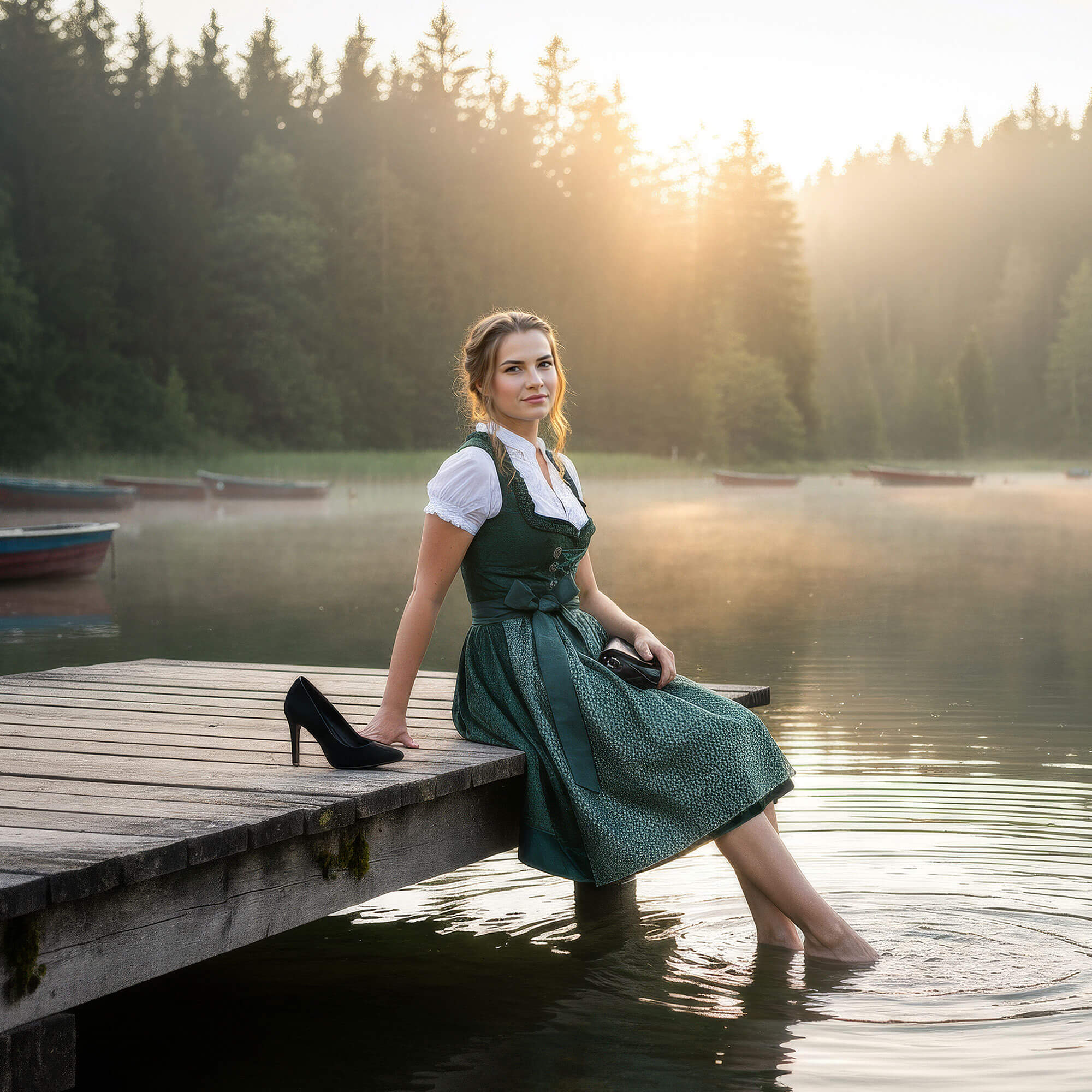 Damen Trachtenmode, getragen von einer jungen Frau auf Steg sitzend, am See