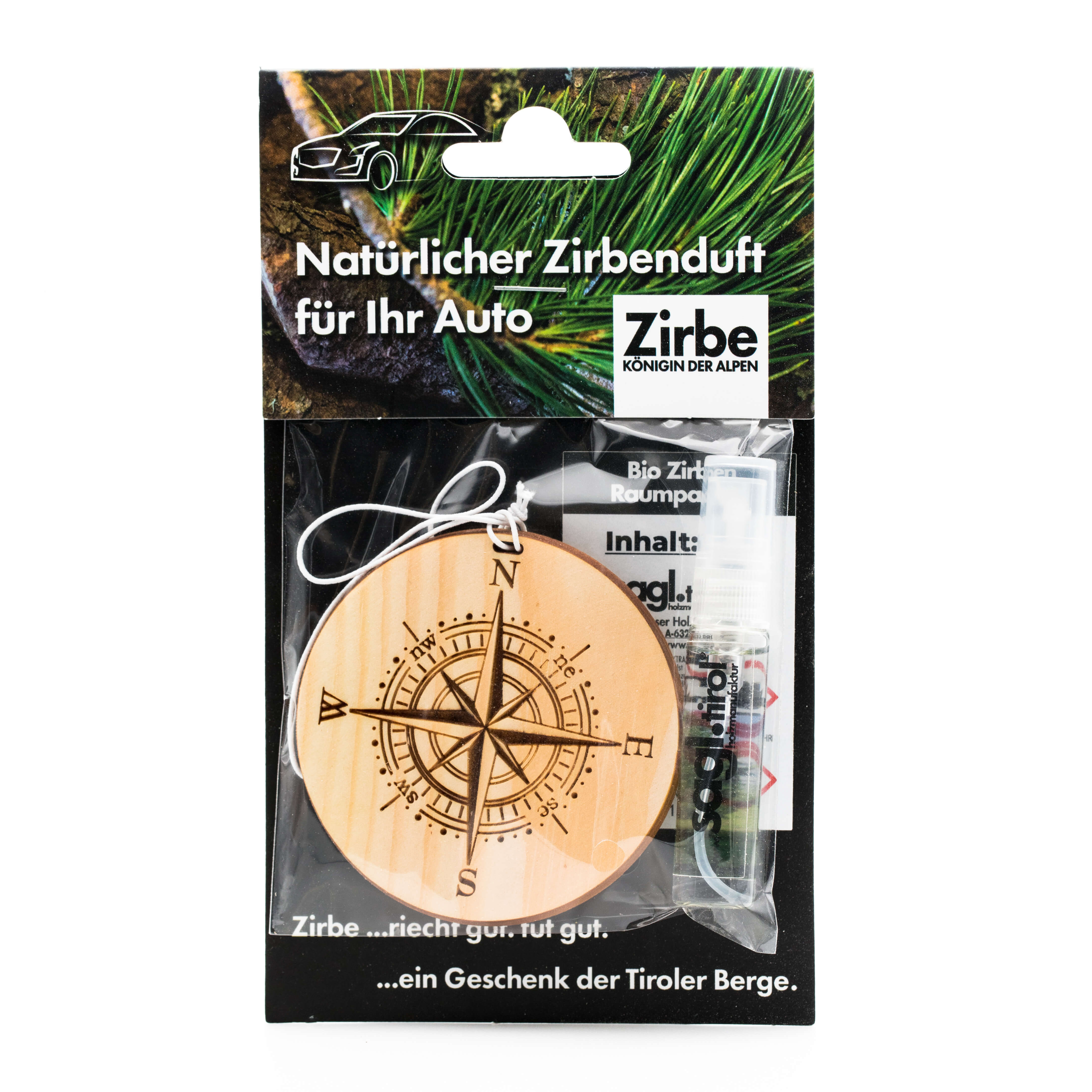 Autoduft aus Zirbe "Kompass", Vorderansicht