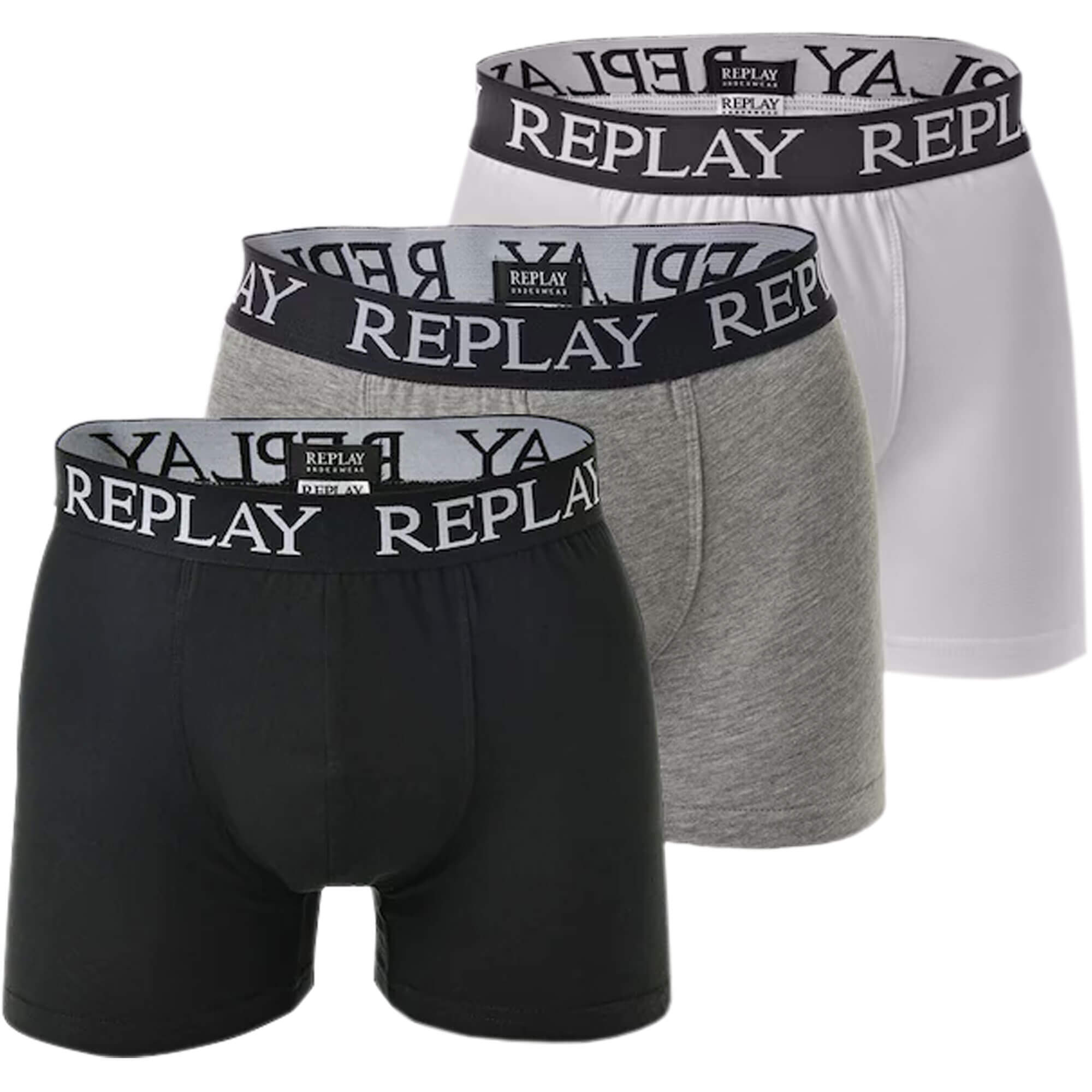Vorderansicht der Herren Replay Boxershorts im 3er Pack, in den Farben Schwarz, Grau und Weiß