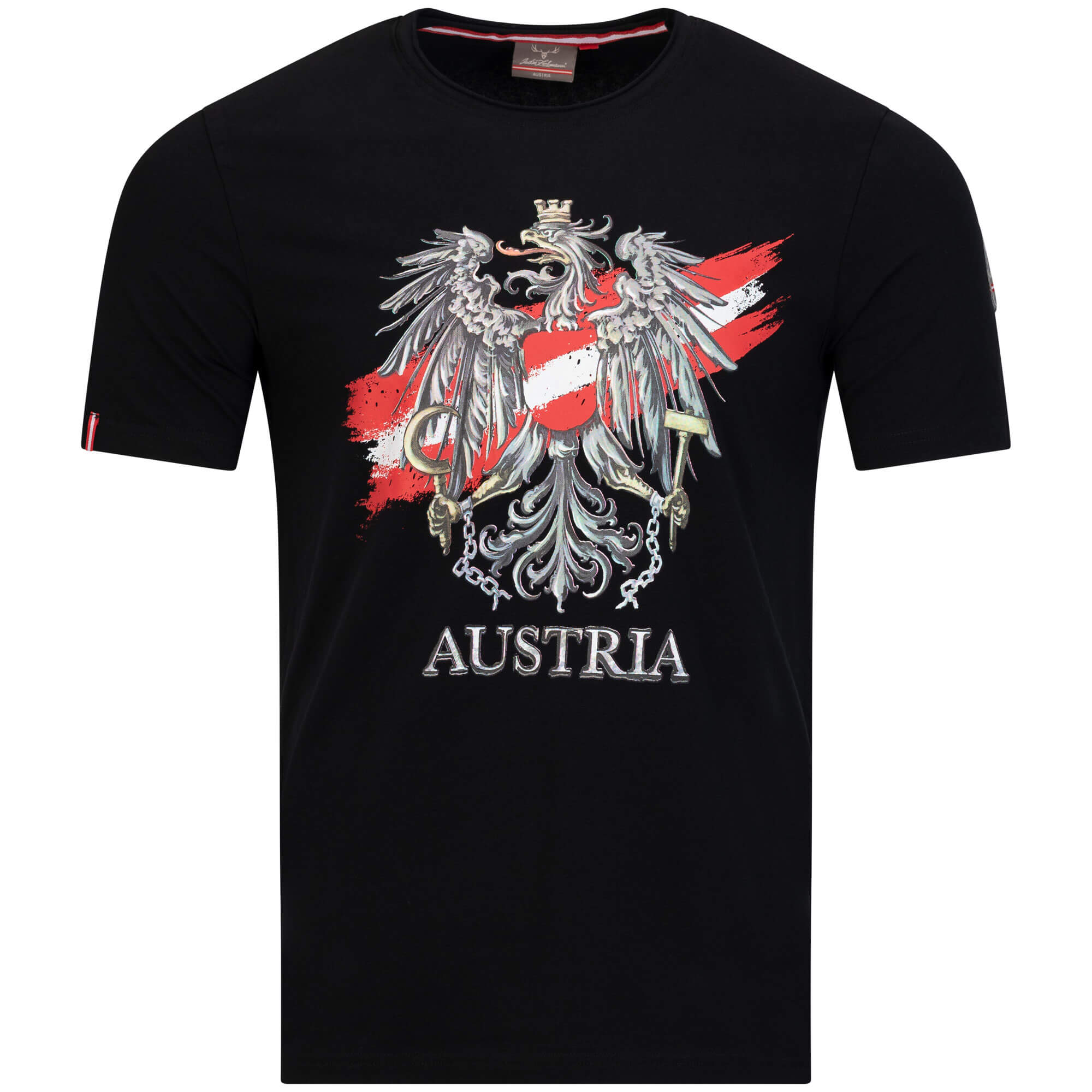 Vorderansicht des Herren T-Shirt "Austria", in der Farbe Schwarz, mit Austria Schriftzug, Roten-Weißem Streifen und Adler