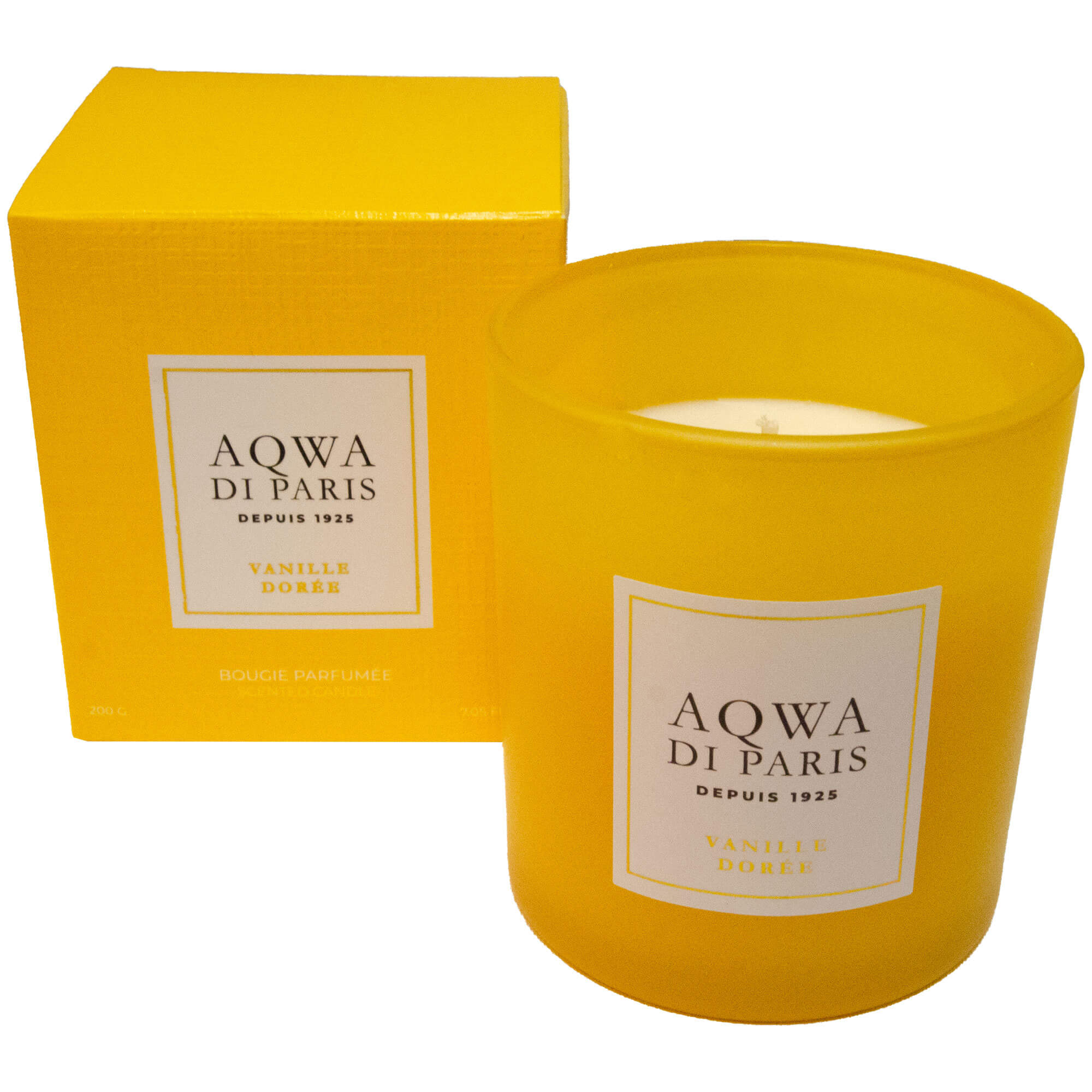 Vorderansicht der Kerze "Aqwa di Paris", mit dem Duft "Vanille Dorée", in der Farbe Gelb