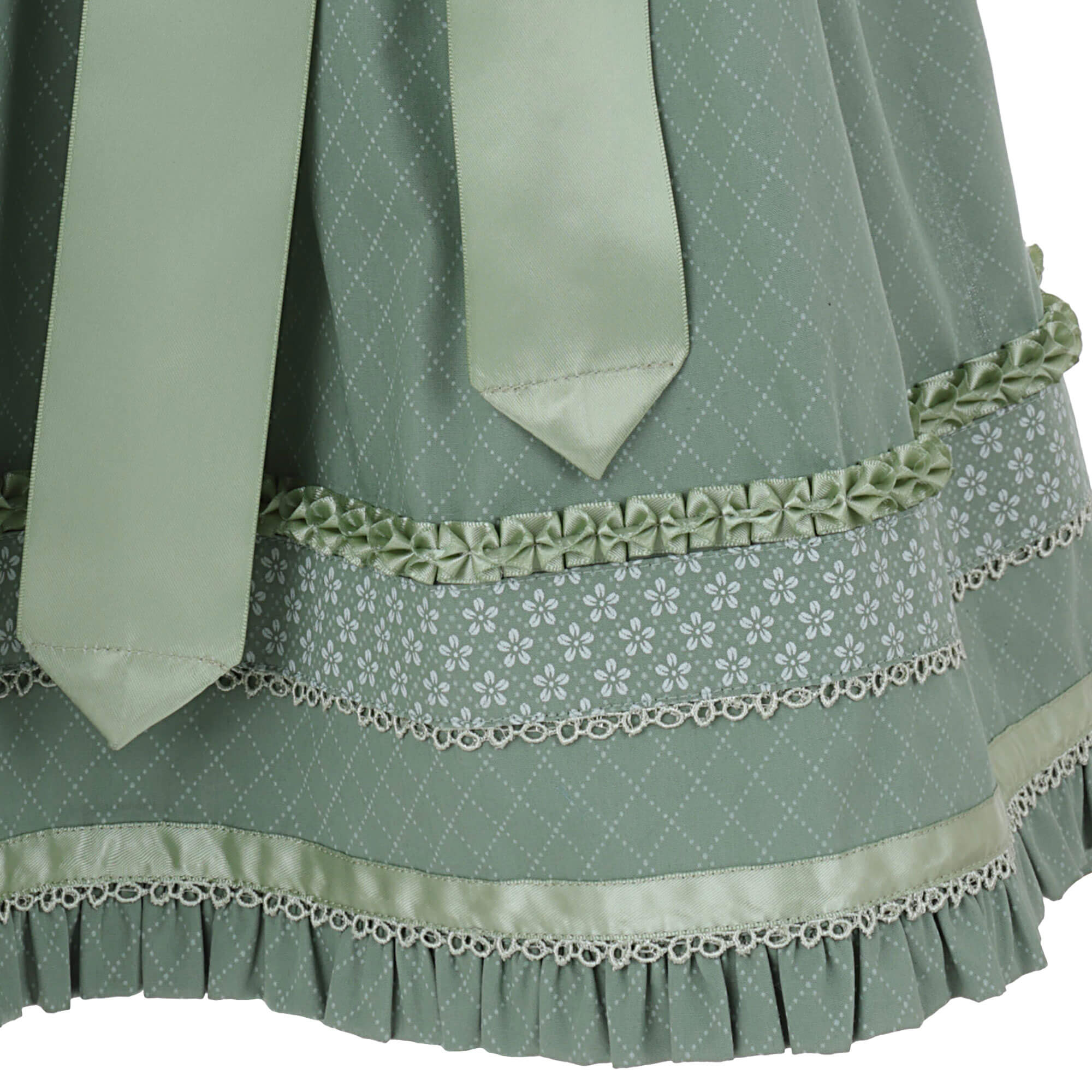 Vorderansicht des Damen Dirndl "Medora" in der Farbe Mint, mit gruener Schürze, Detail Bordüre