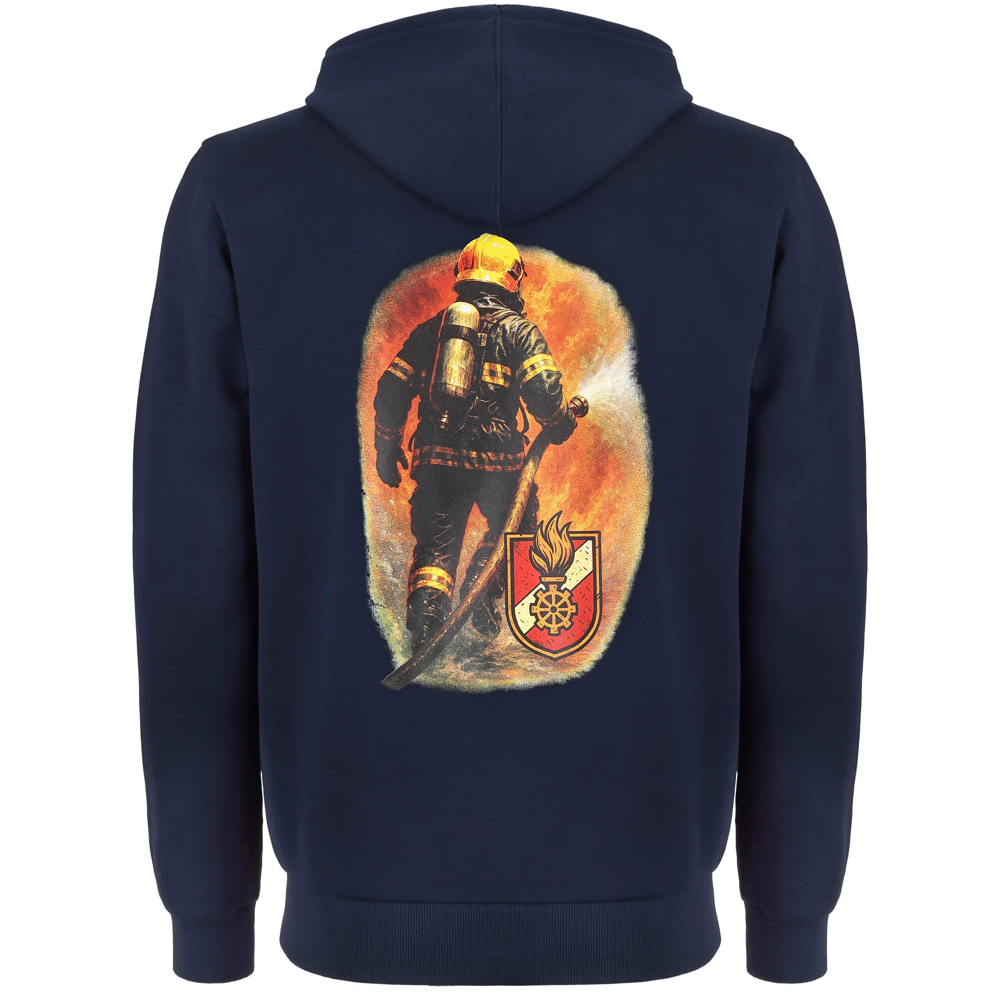 Hinteransicht des Herren Hoodies "Feuerwehrmann" in der Farbe Navy