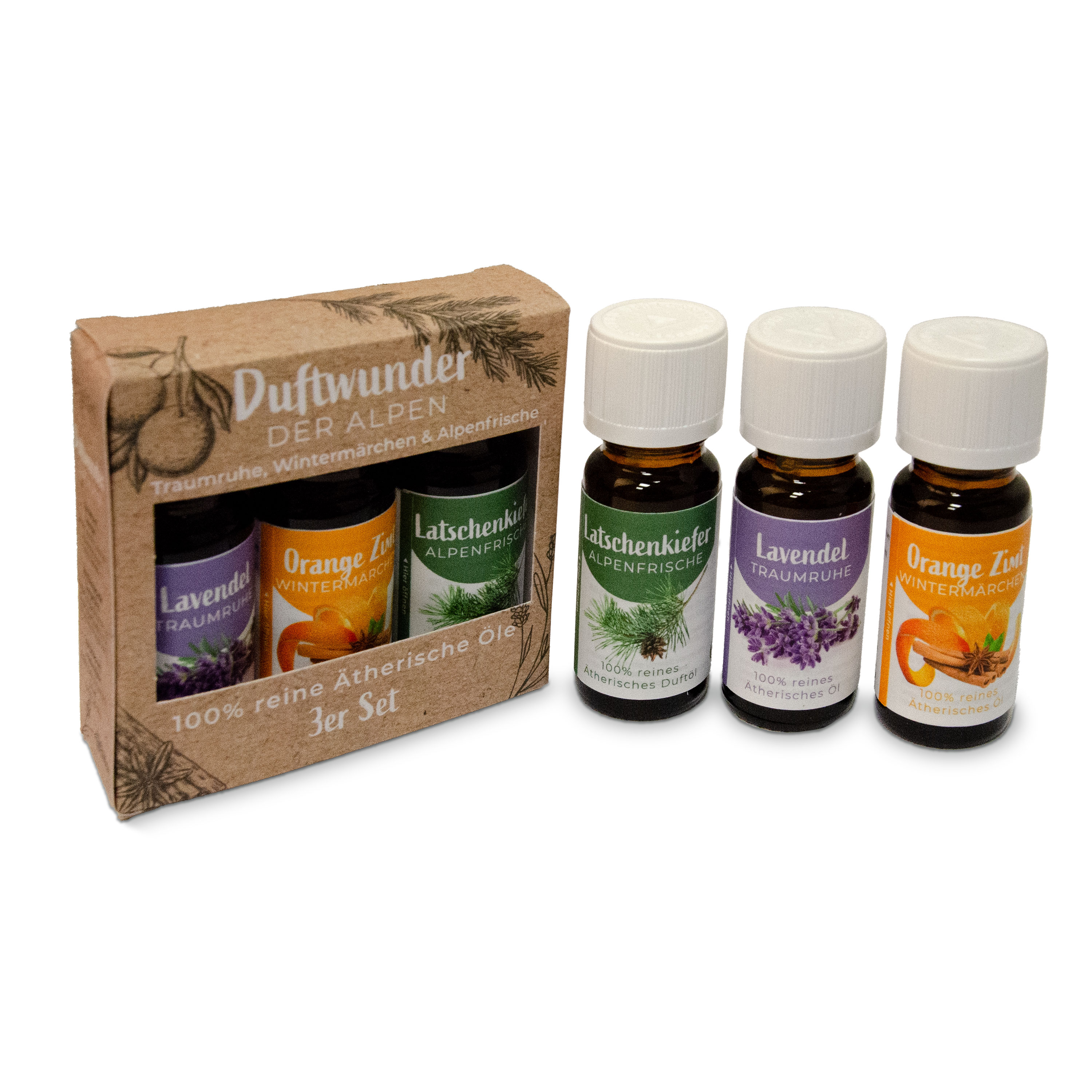 Vorderansicht der Duftöle, 3er-Packung, mit drei Duftirchtungen: Lavendel, Orange Zimt und Latschenkiefer