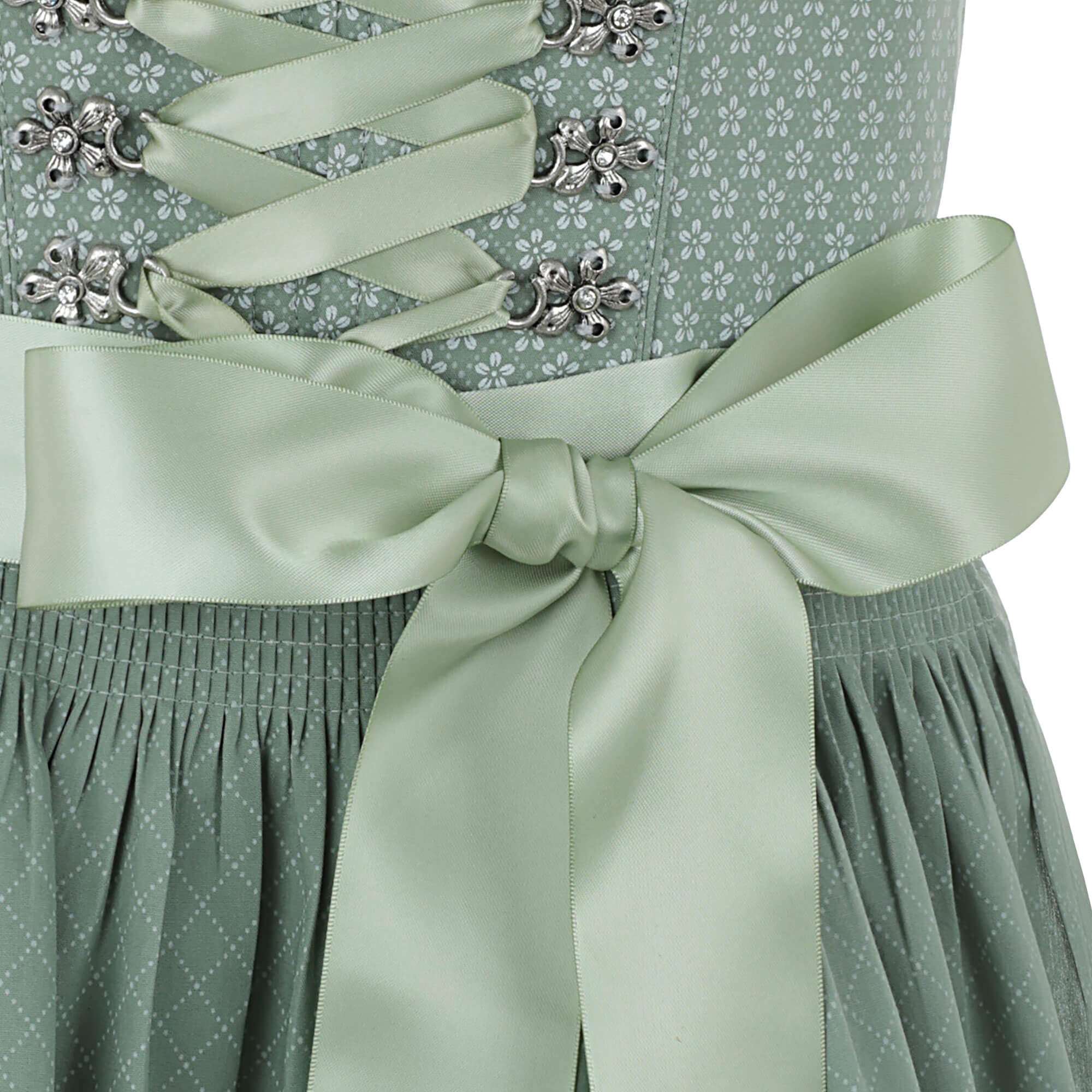 Vorderansicht des Damen Dirndl "Medora" in der Farbe Mint, mit gruener Schürze, Detail Schleife