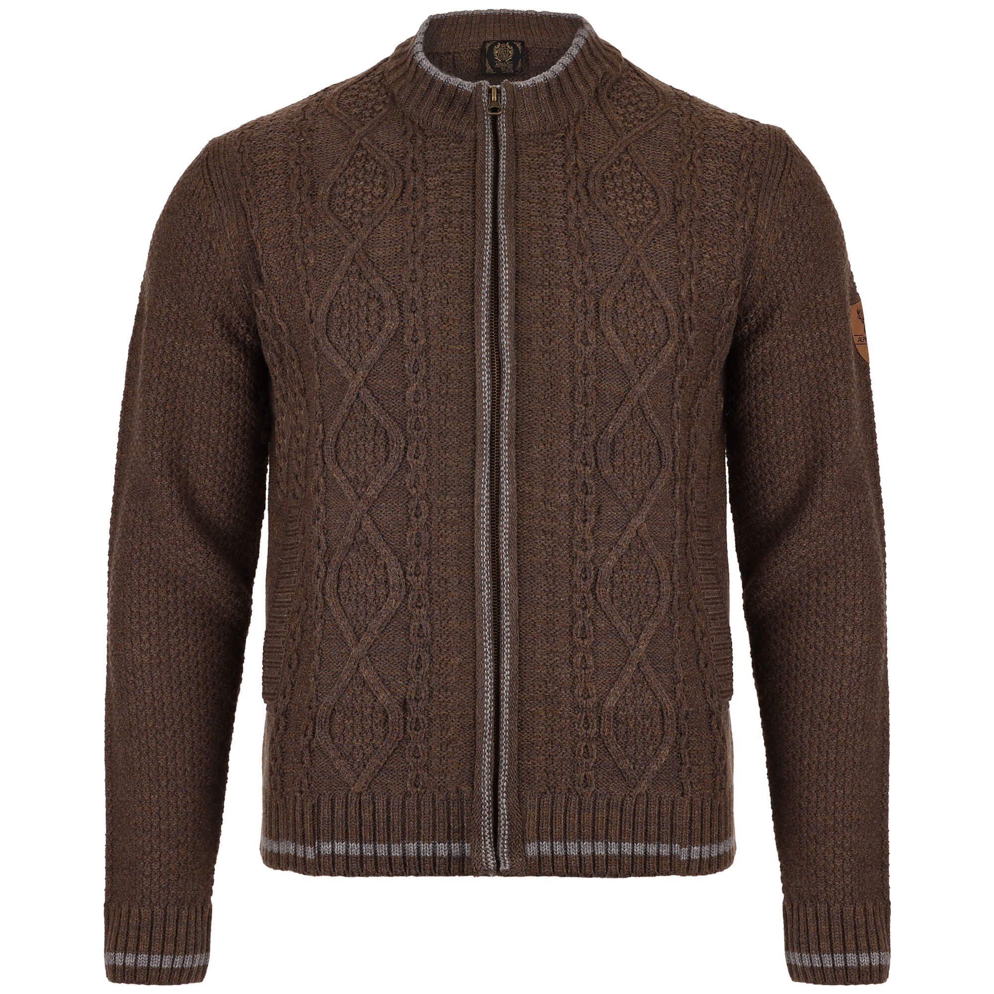 Vorderansicht der Herren Strickjacke "Anton", mit Reißverschluss, in der Farbe Braun