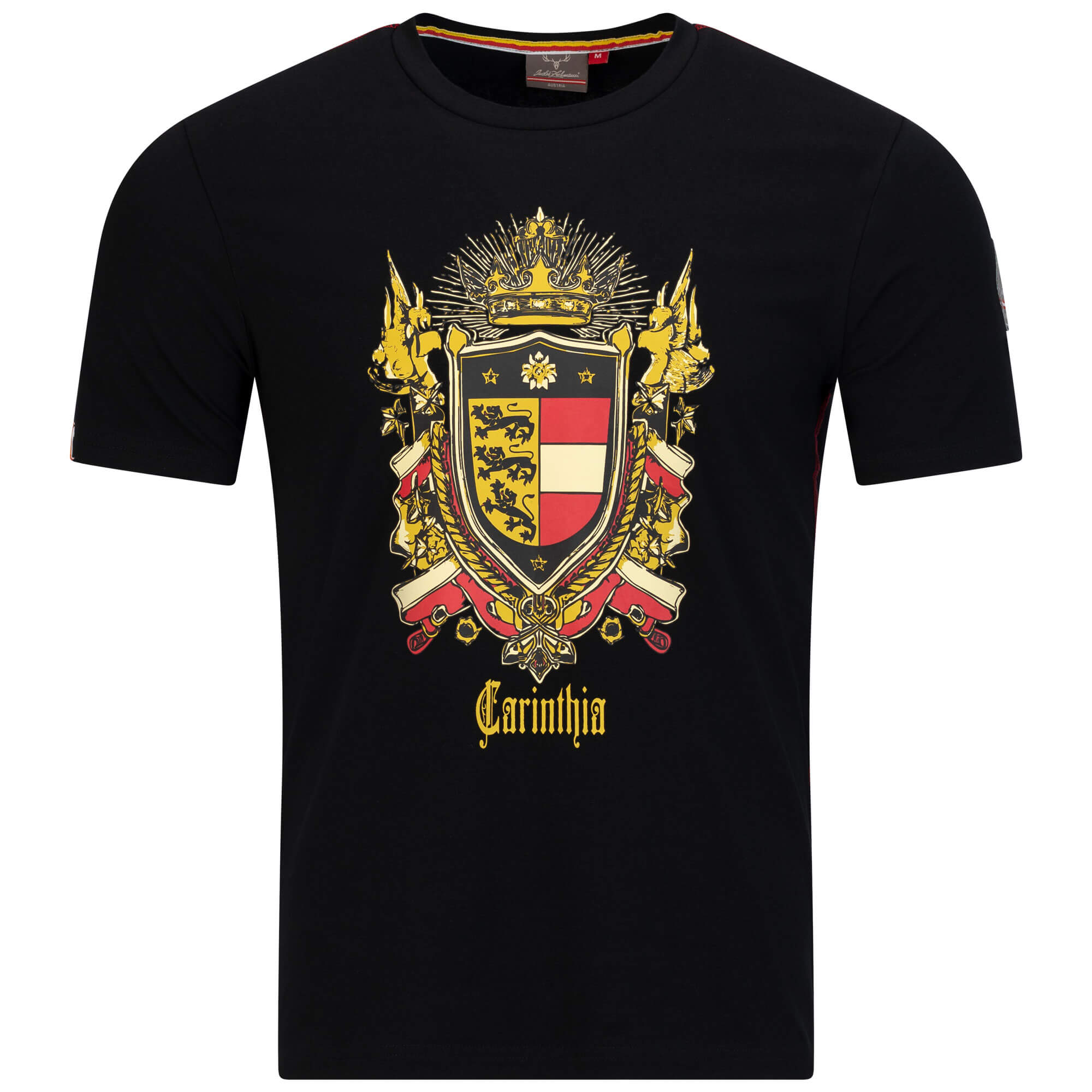 Vorderansicht des Herren T-Shirt "Carinthia", in der Farbe Schwarz, mit großem Aufdruck und Schriftzug