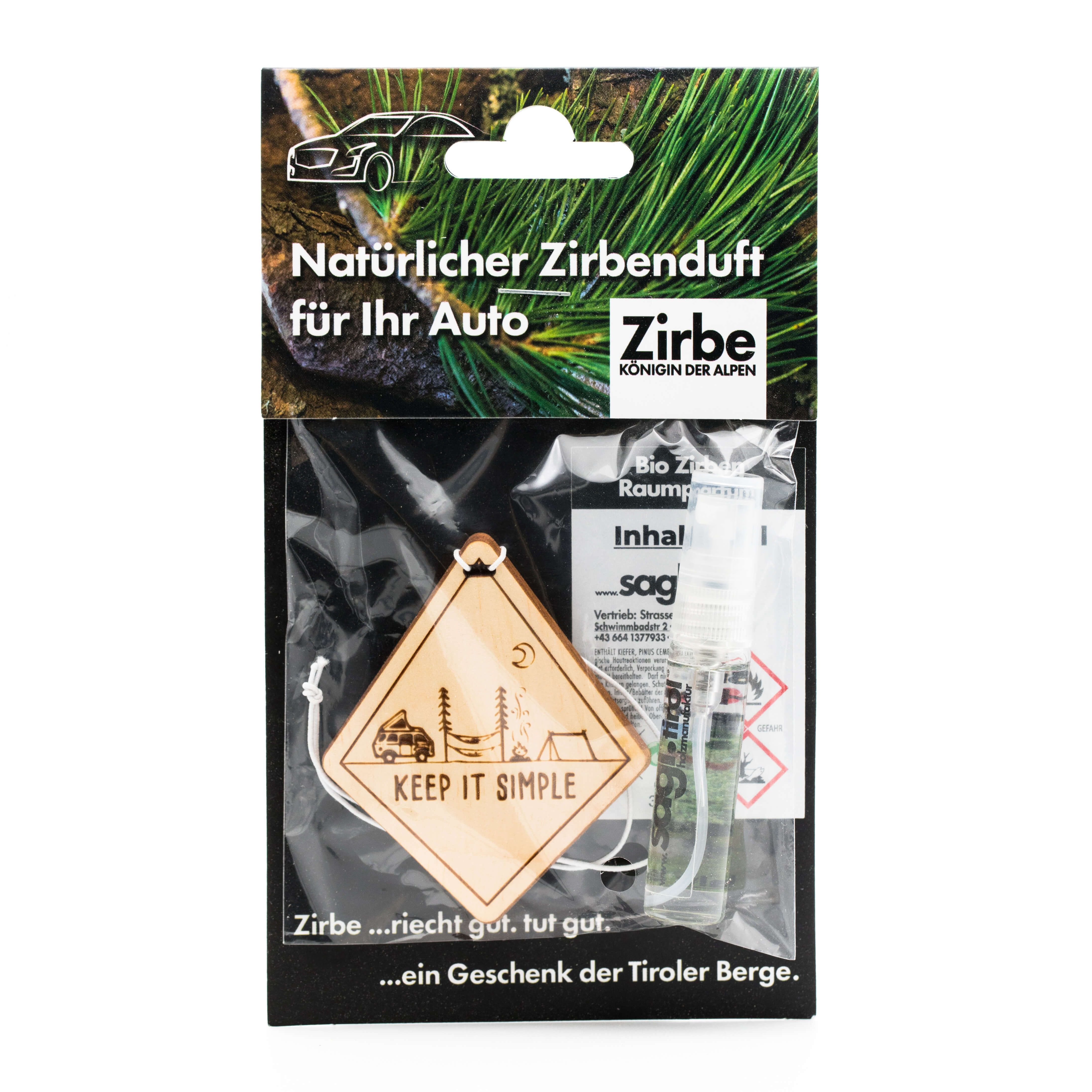 Autoduft aus Zirbe "Keep it Simple", Vorderansicht