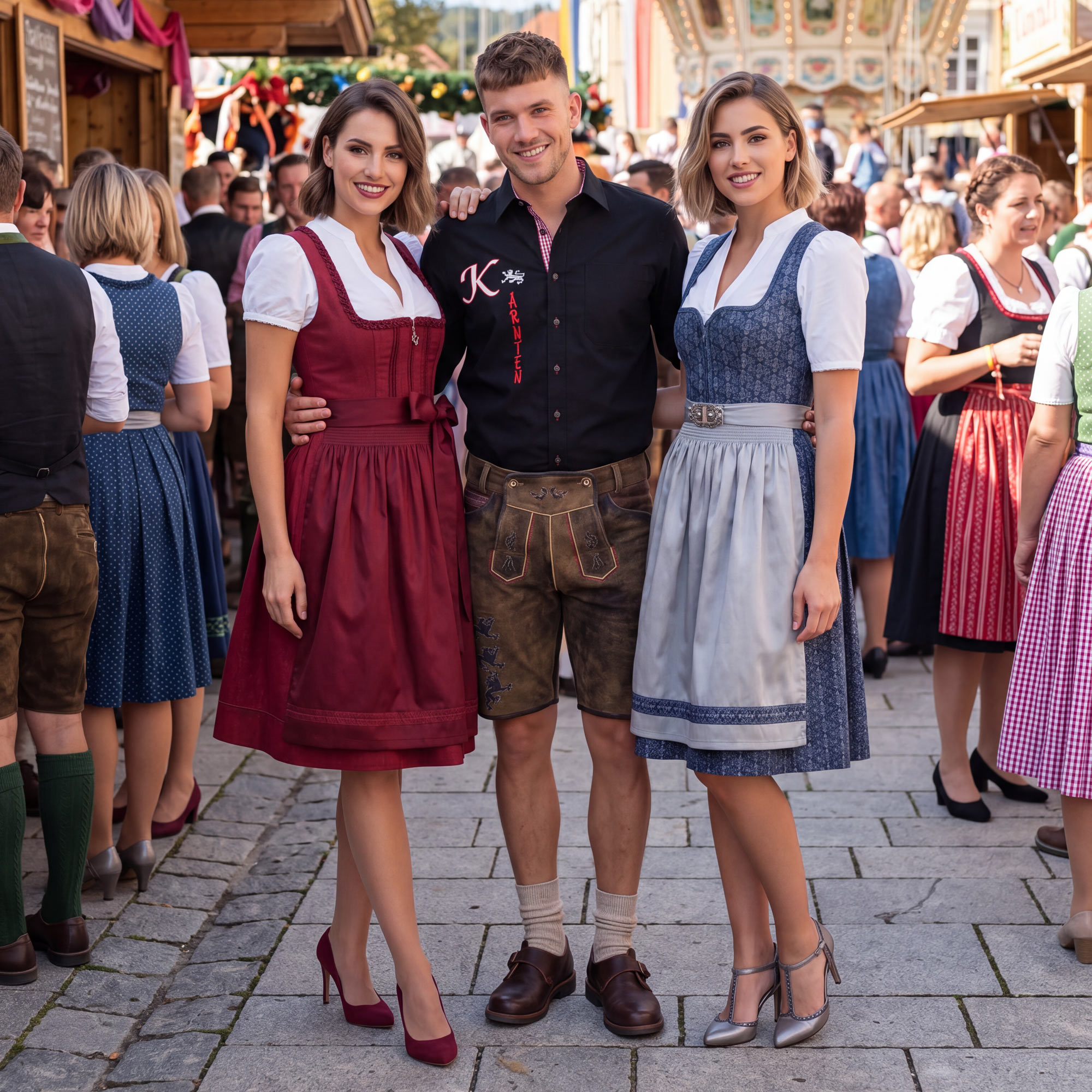 Mann mit Kärnten Lederhose und Kärnten Polo aus der Kärnten-Kollektion, begleitet von zwei Damen im Dirndl