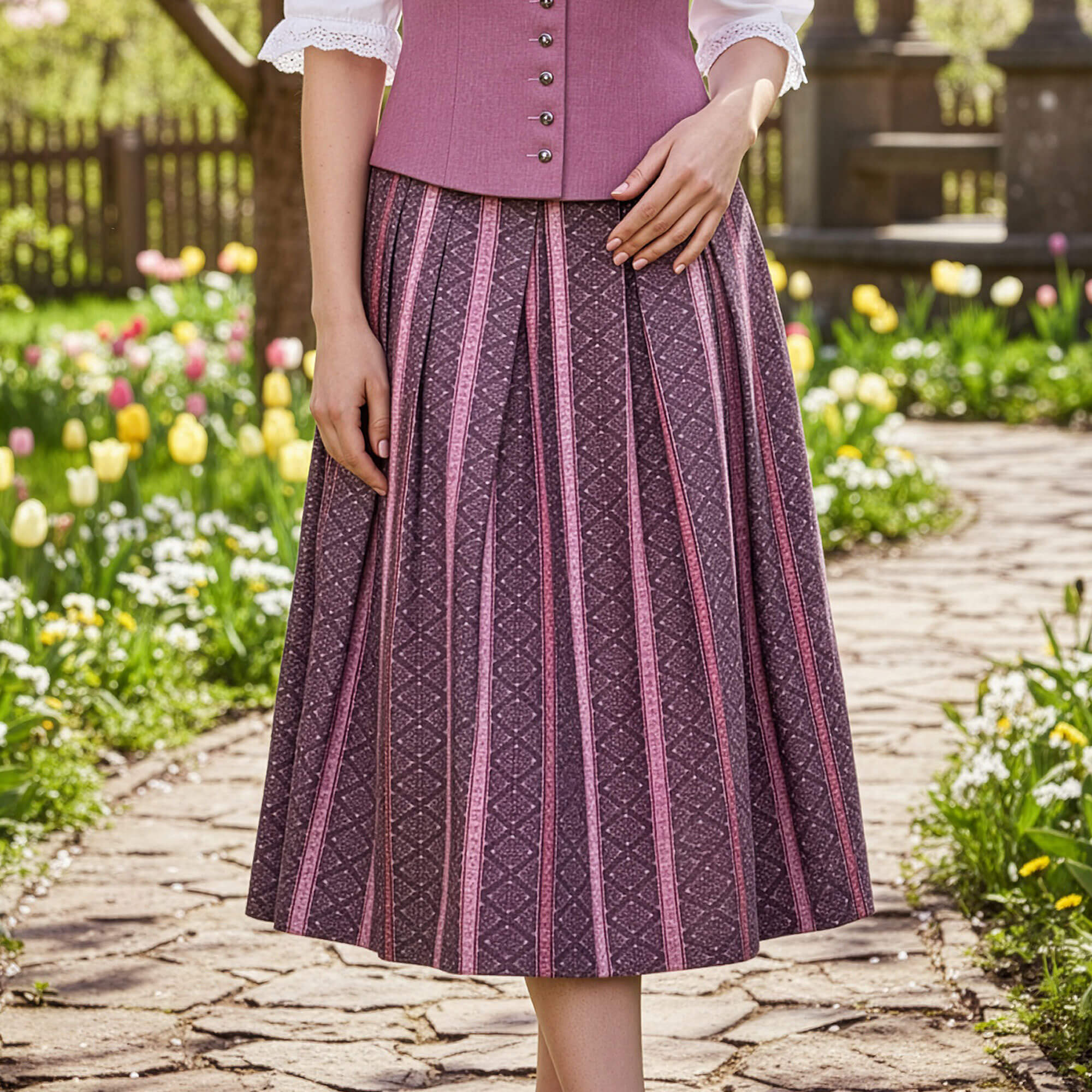 Vorderansicht des Damen Rocks "Valentina" in der Farbe Flieder-Rosa getragen von einem Model