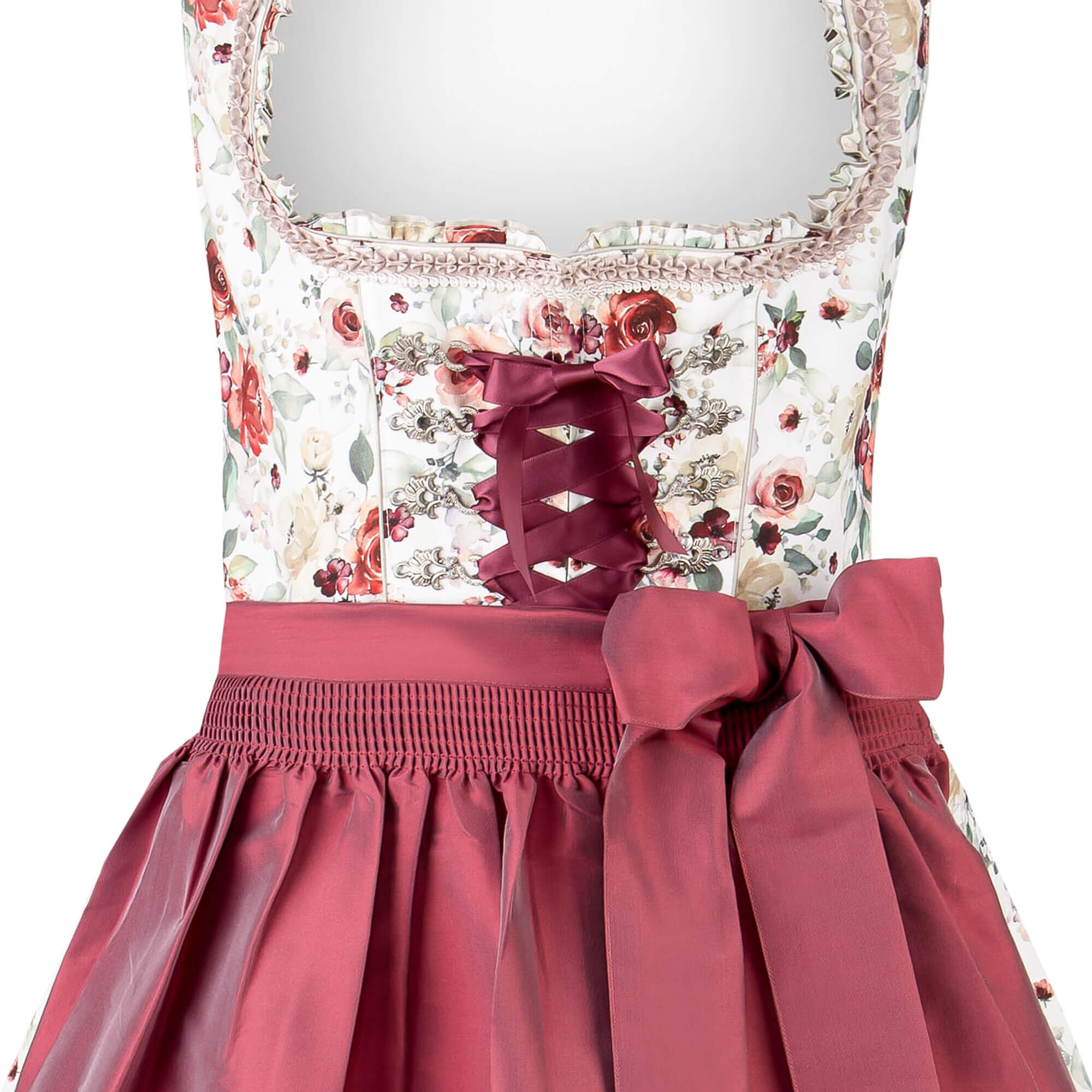 Detailansicht des Damen Dirndl "Maria" in der Farbe Rosenholz