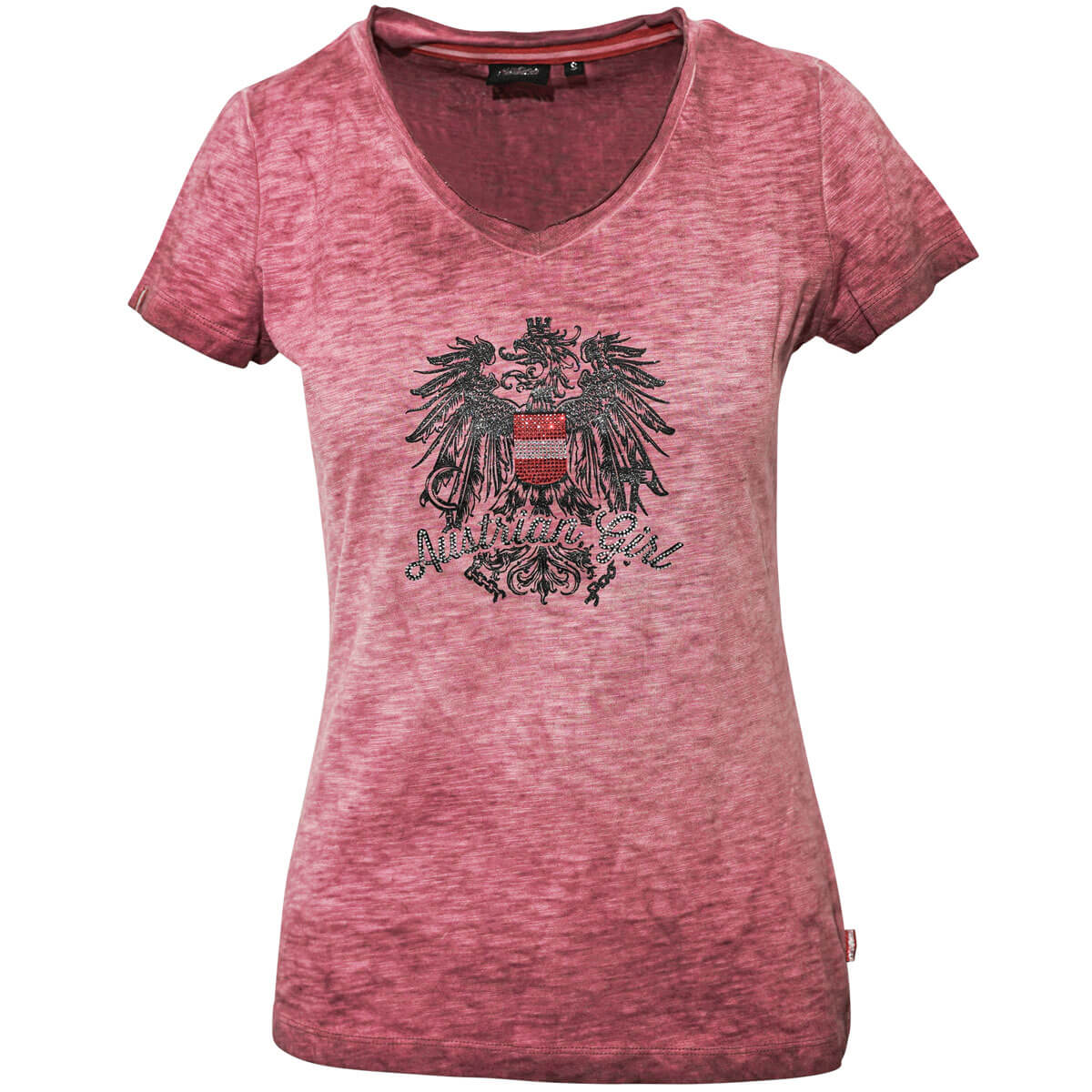 Vorderansicht des Damen T-Shirts "Austrian Girl", in der Farbe Rot, mit Glitzer Druck