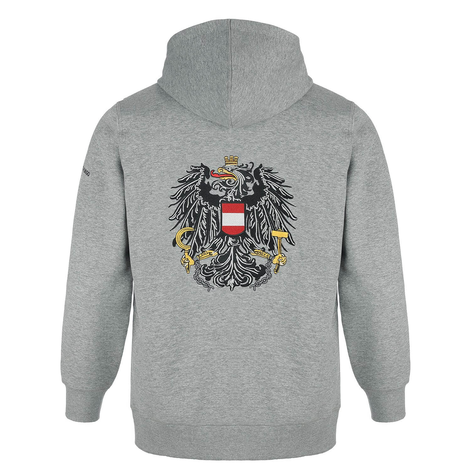 Hinteransicht des Herren Hoodies "Österreich", in der Farbe Grau