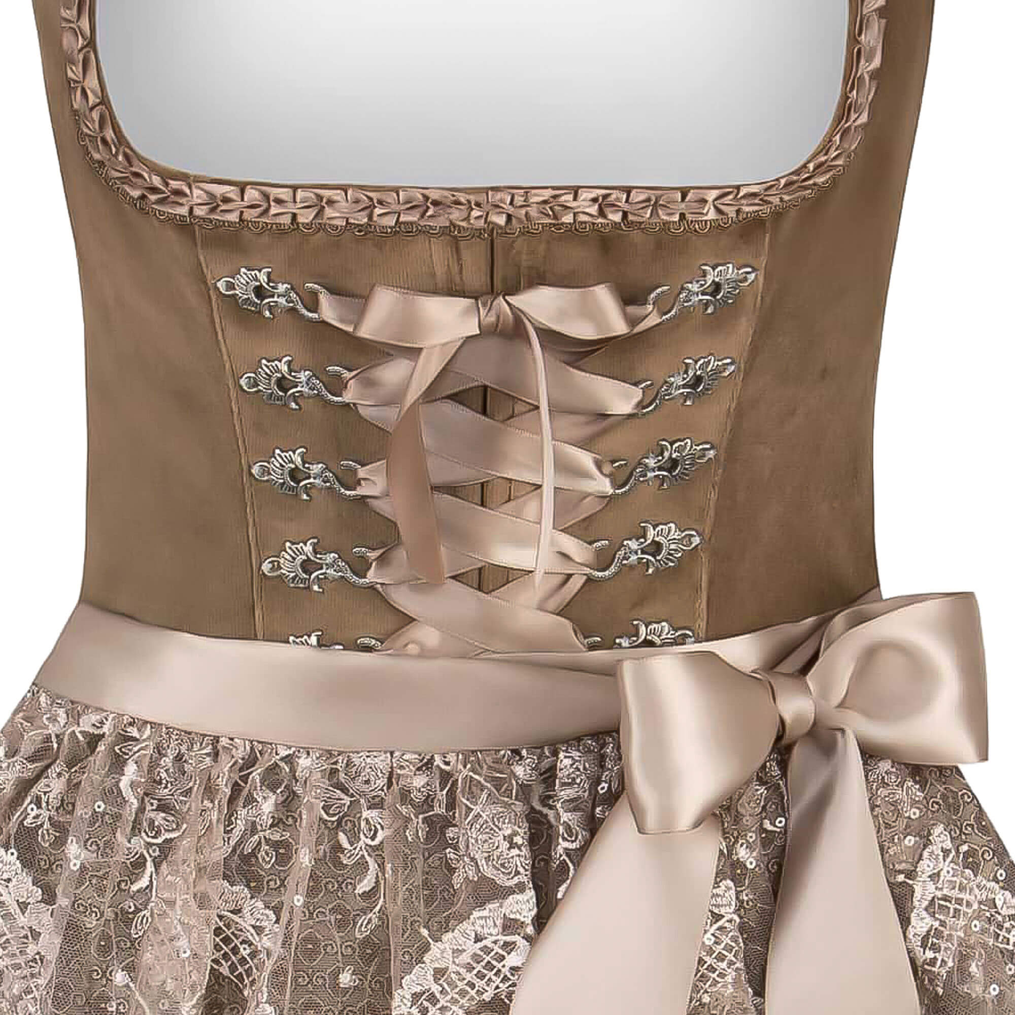 Detailansicht Vorderseite des Damen Dirndl "Loredana" in der Farbe Taupe