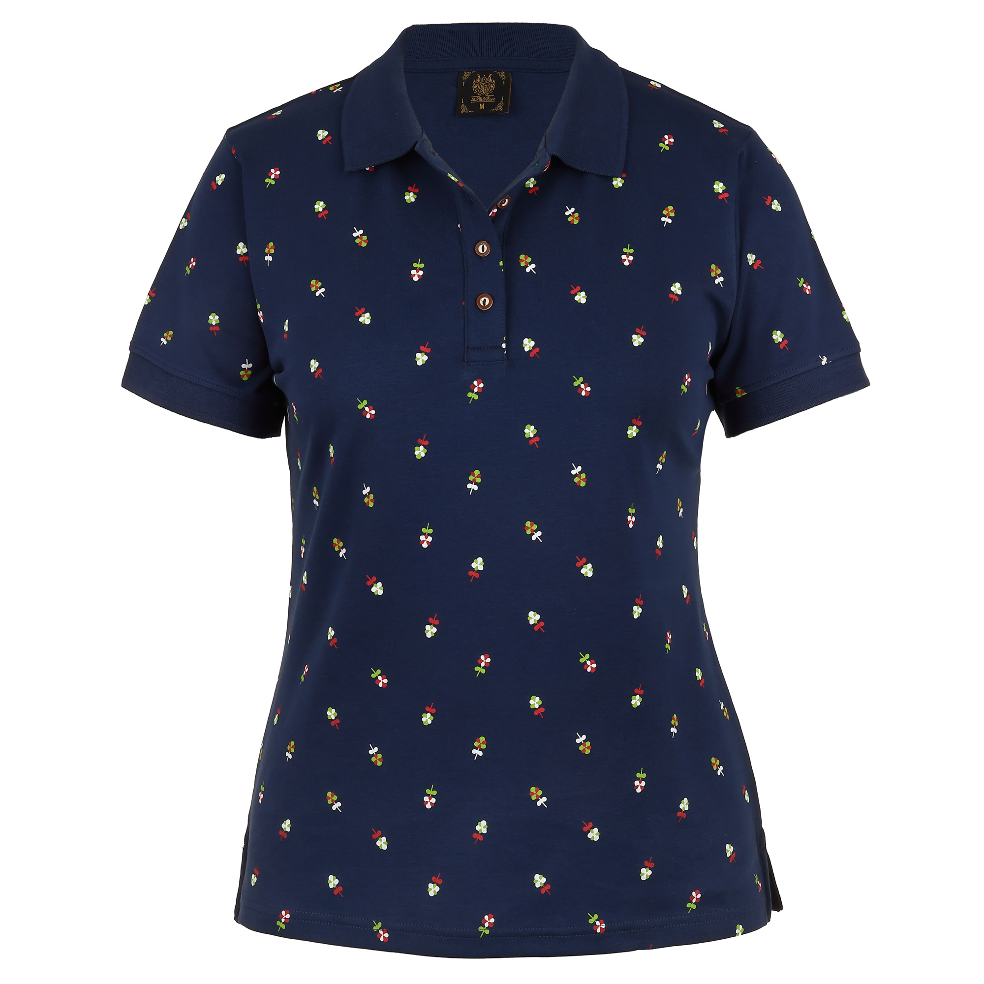 Vorderansicht des Damen Blümchen-Druck Polos "Kärnten" in Blau