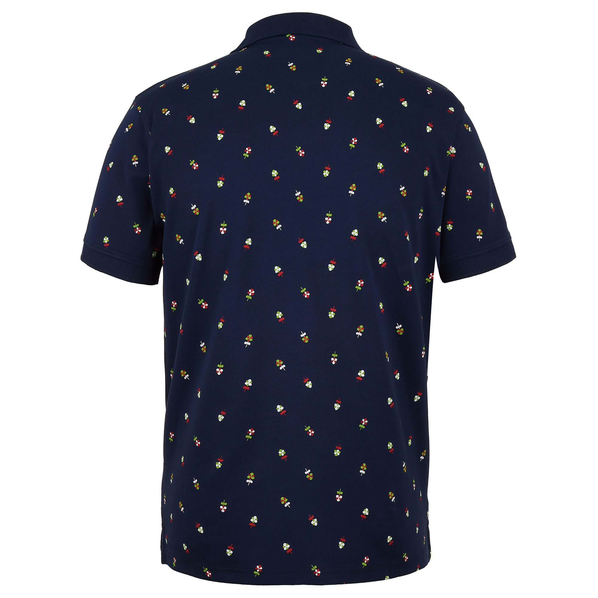 Hinteransicht des Herren Blümchen-Druck Polo "Kärnten" in der Farbe Blau