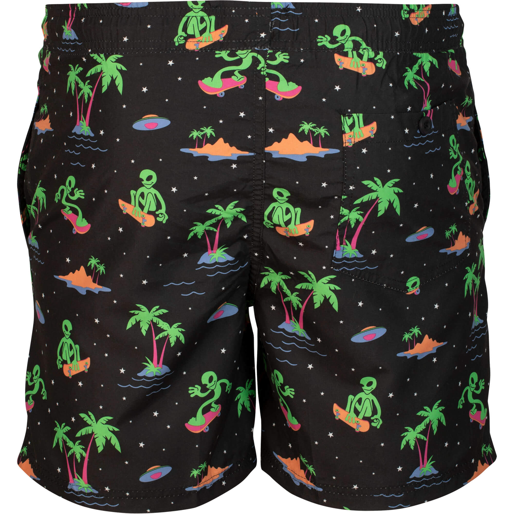 Rücksansicht Badehose Holiday, in der Farbe Schwarz, mit grünen Aliens bedruckt