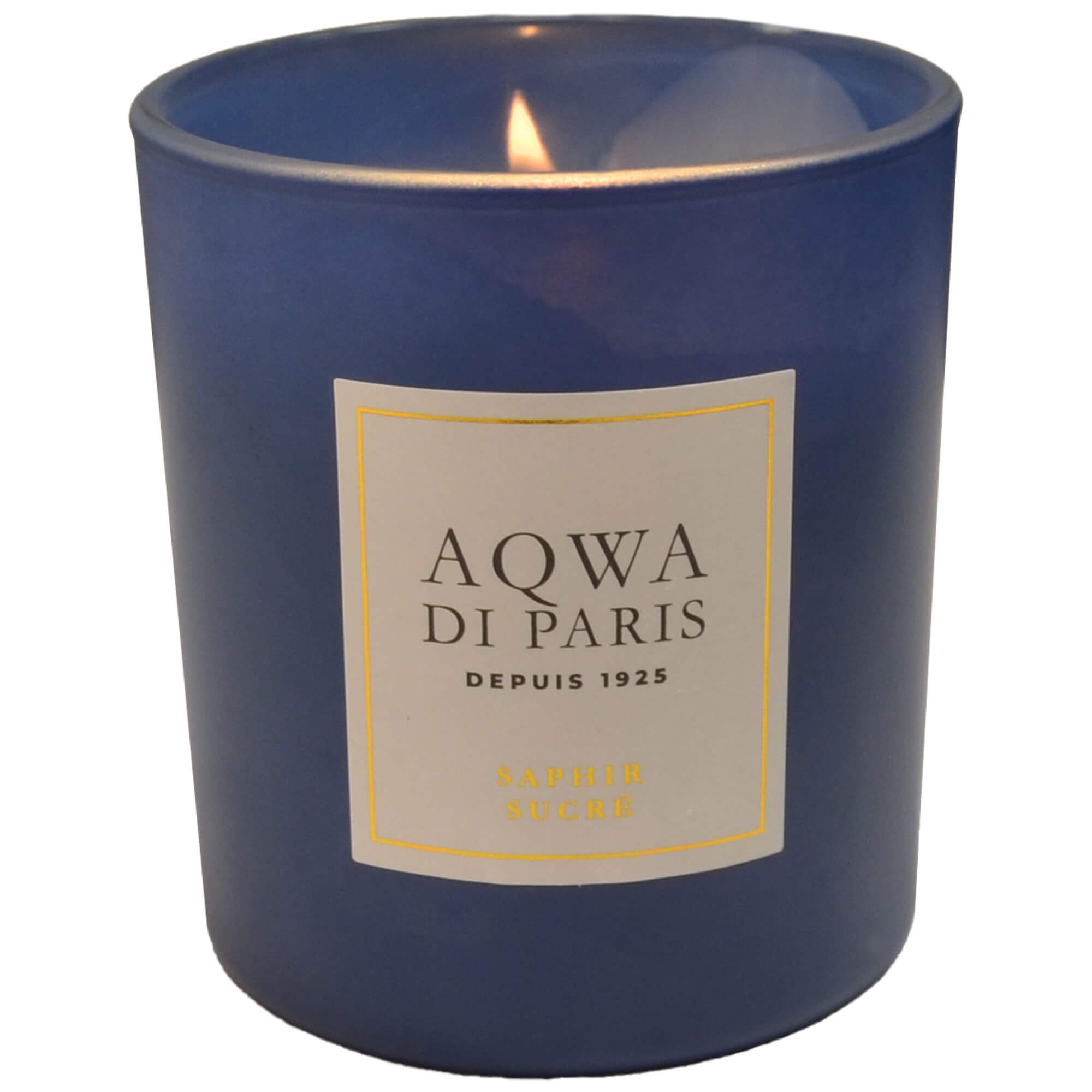 Vorderansicht der Kerze "Aqwa di Paris", mit dem Duft "Saphir Sucré", in der Farbe Blau