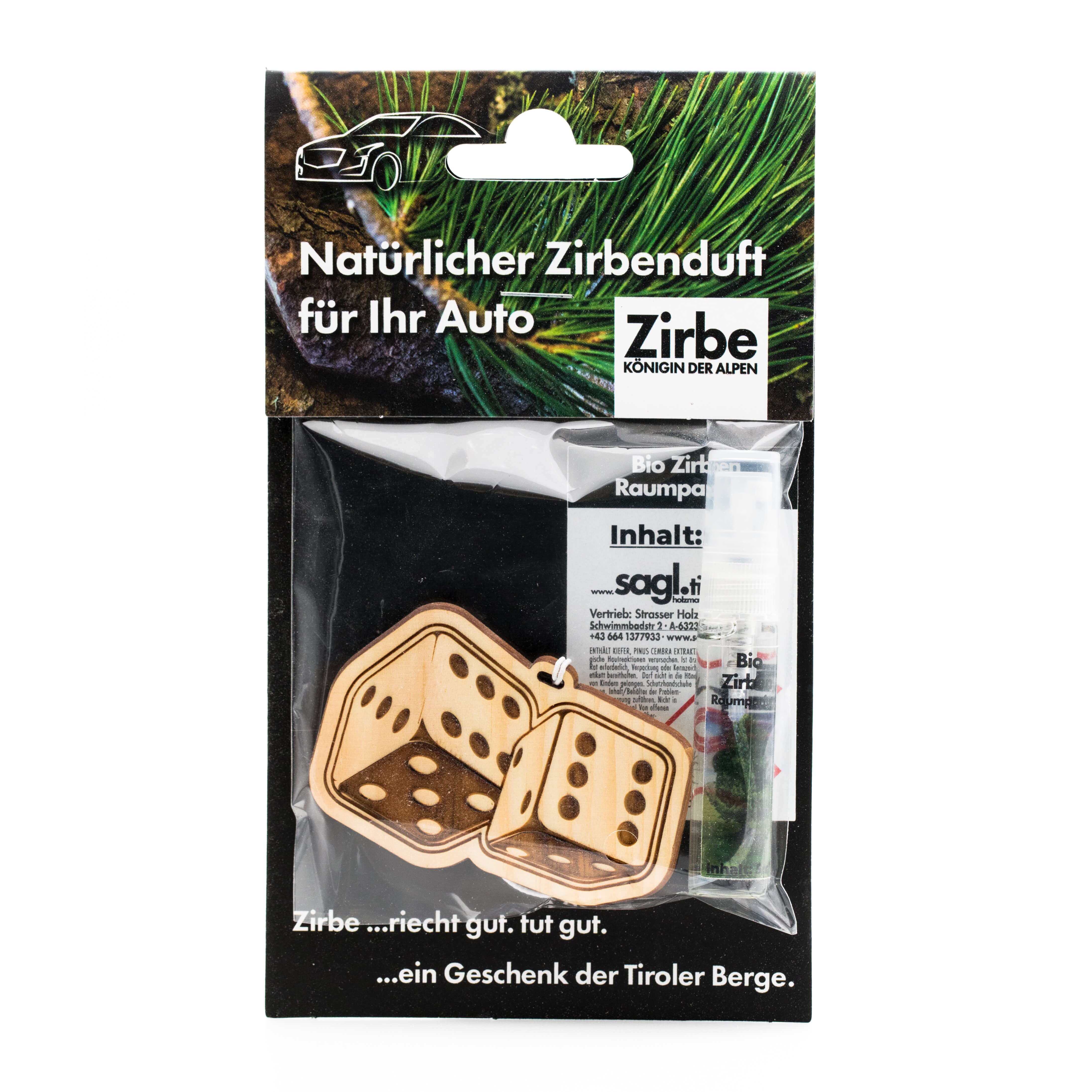 Vorderansicht des Autodufts aus Zirbe "Wuerfel"