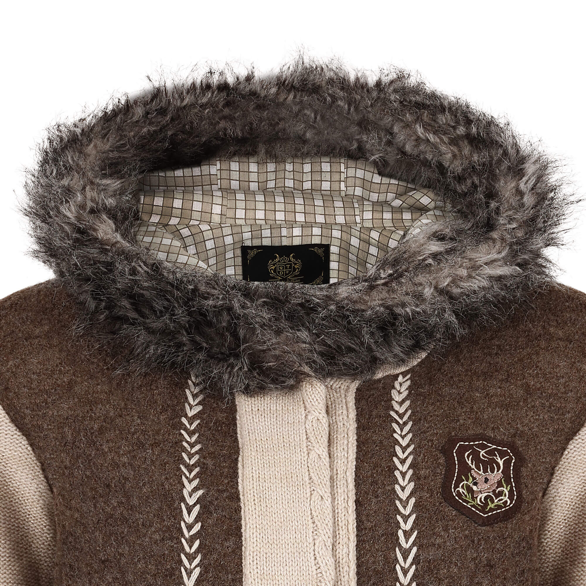 Detailansicht der Mädchen Strickjacke "Lucie", in der Farbe Beige-Braun, Kapuze Innen