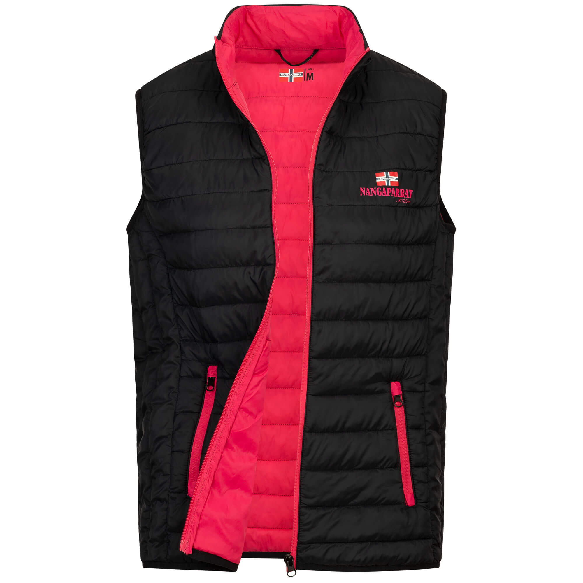 Vorderansicht der ultraleichten Damen Weste "Nangaparbat", in der Farbe Schwarz / Magenta
